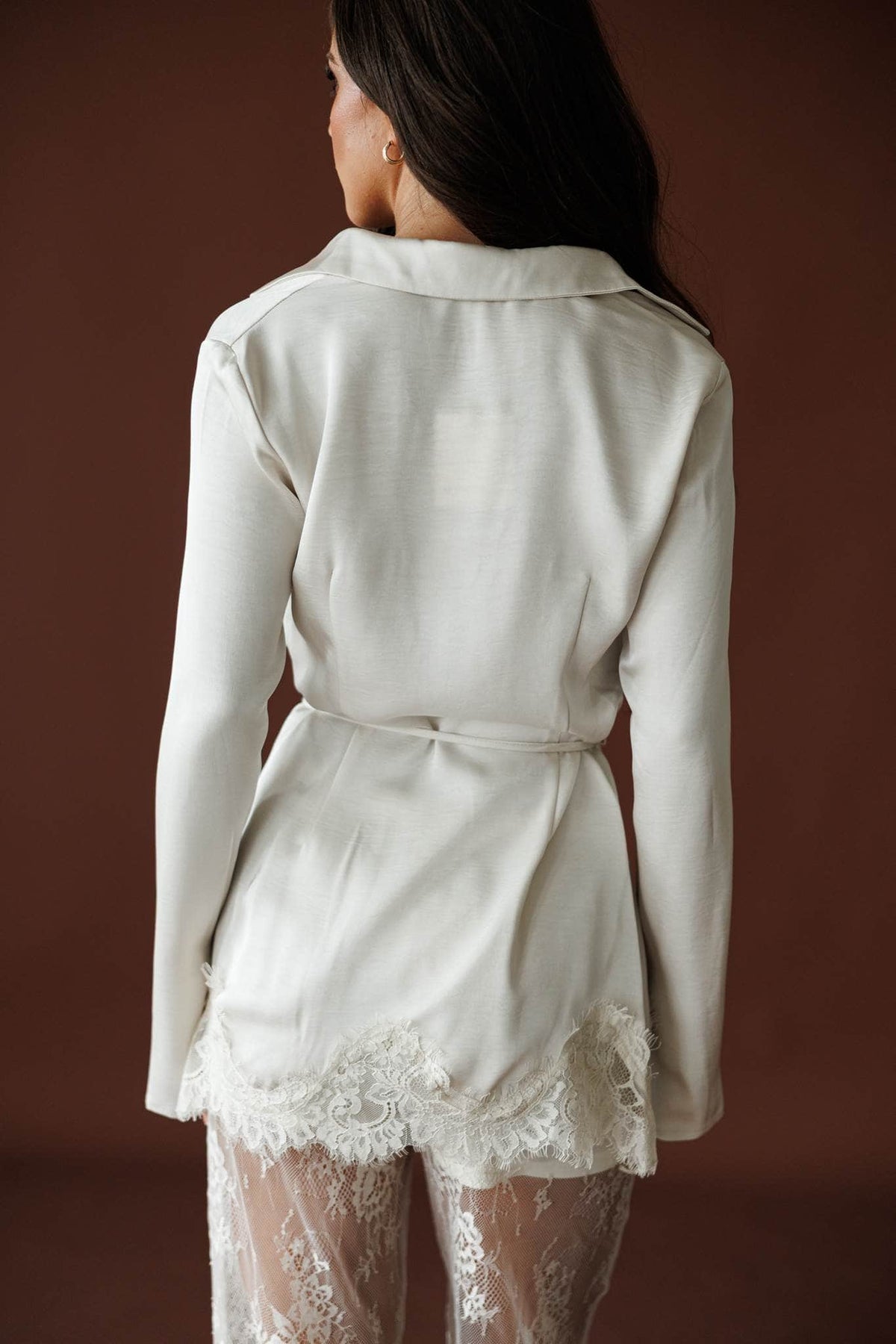 Lace Getaway Top in champagne, back view showing the longline button front top