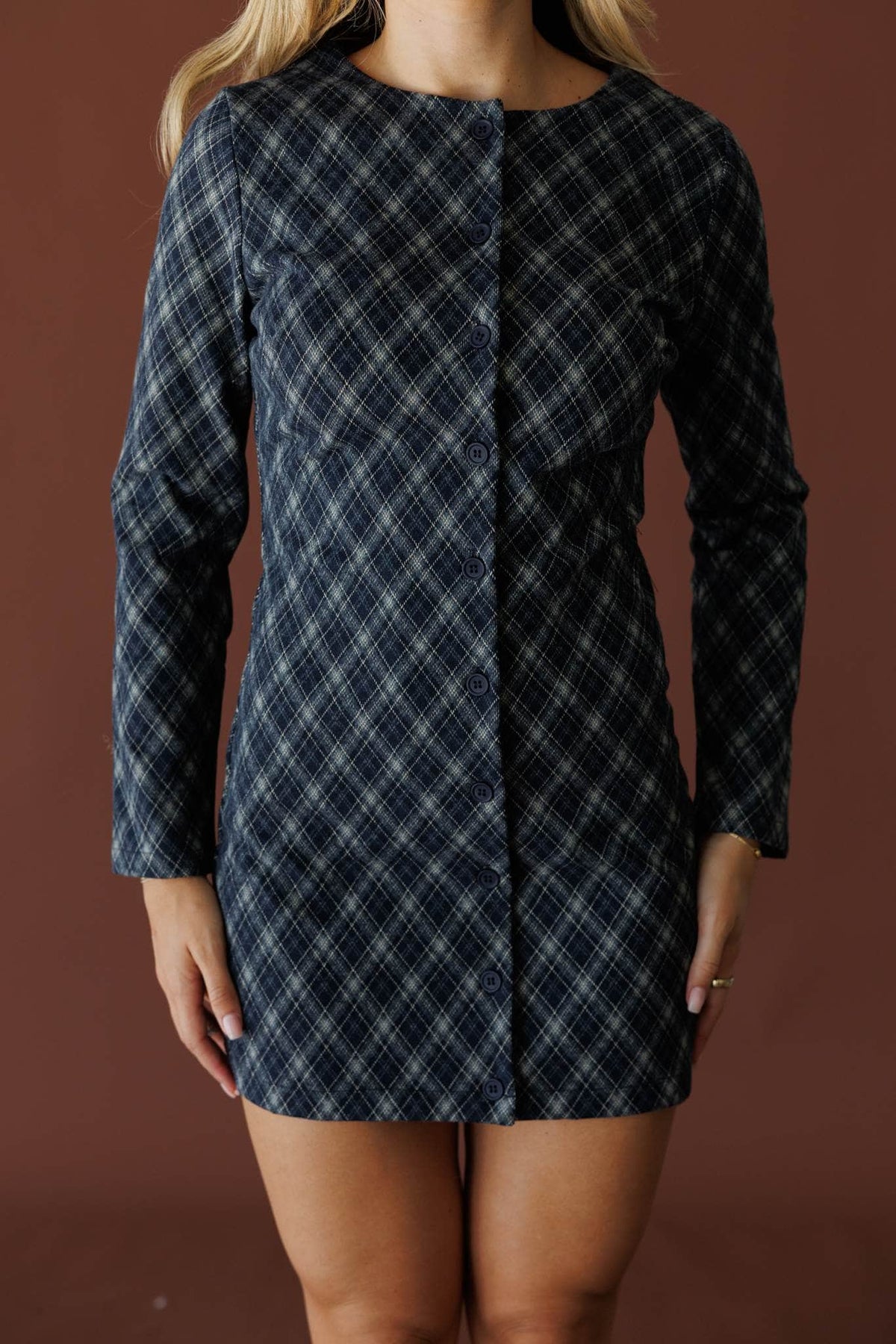 Navy argyle print long sleeve mini dress