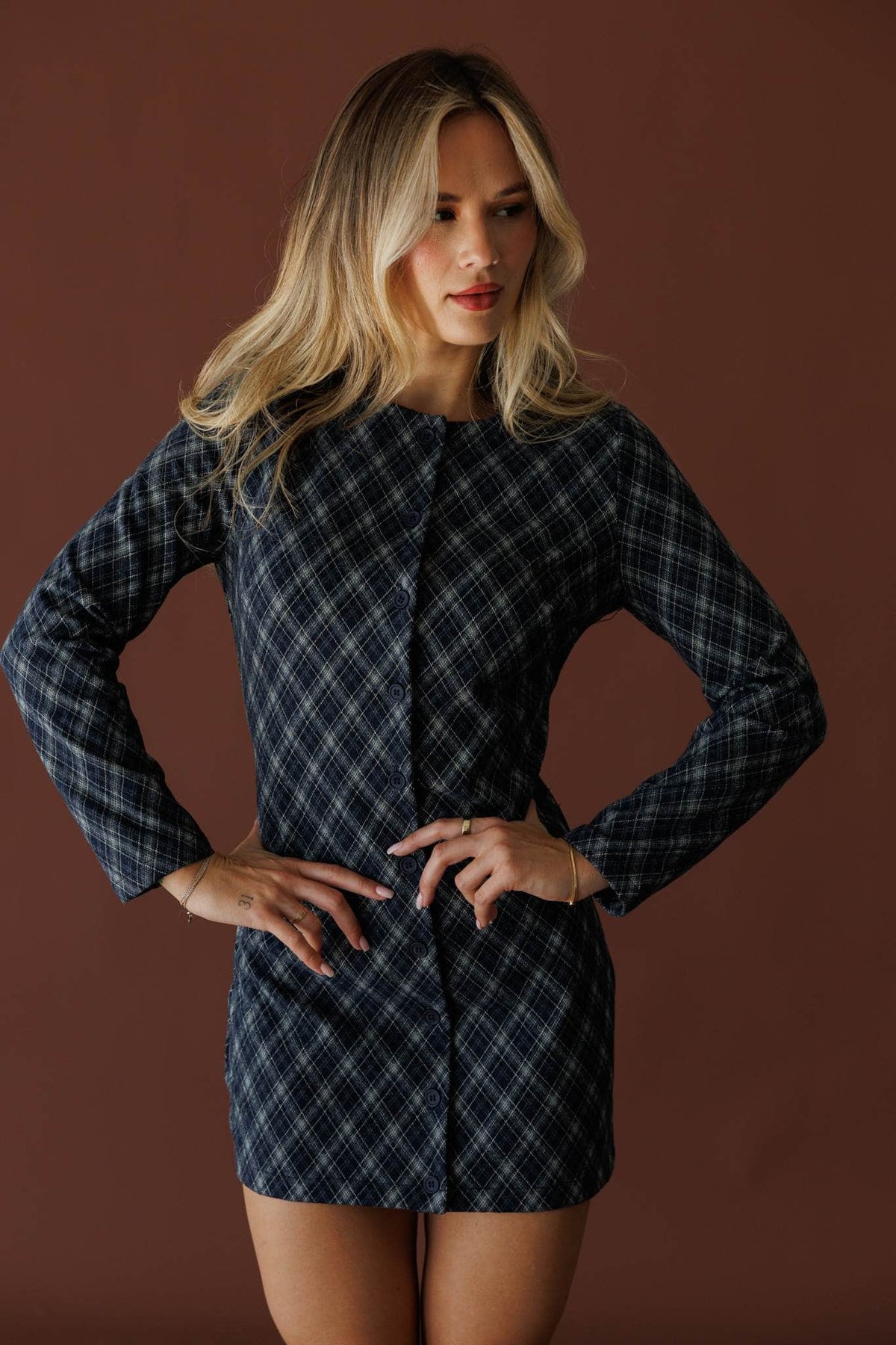 Navy argyle print long sleeve mini dress