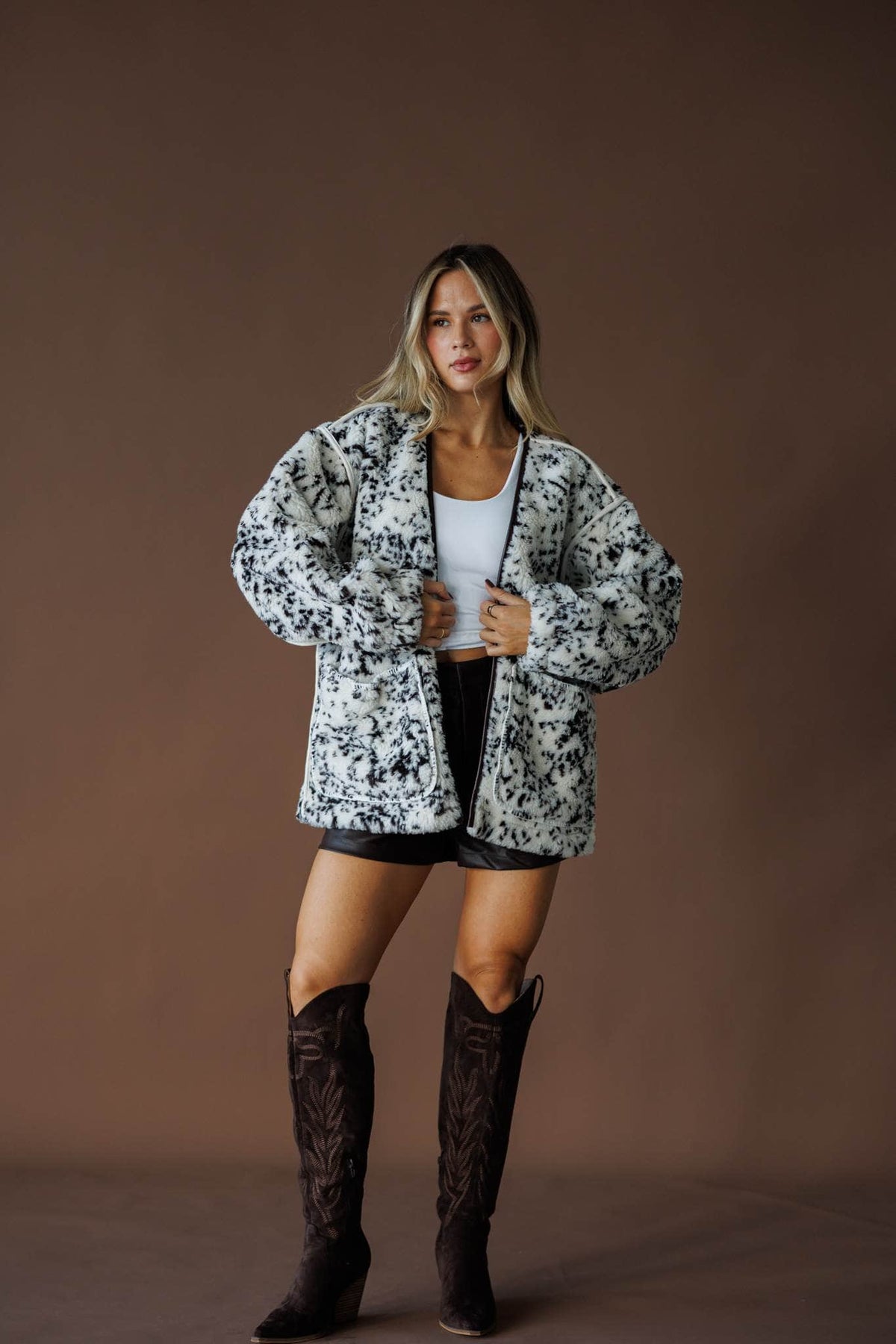 Spotted print fleece jacket, front view