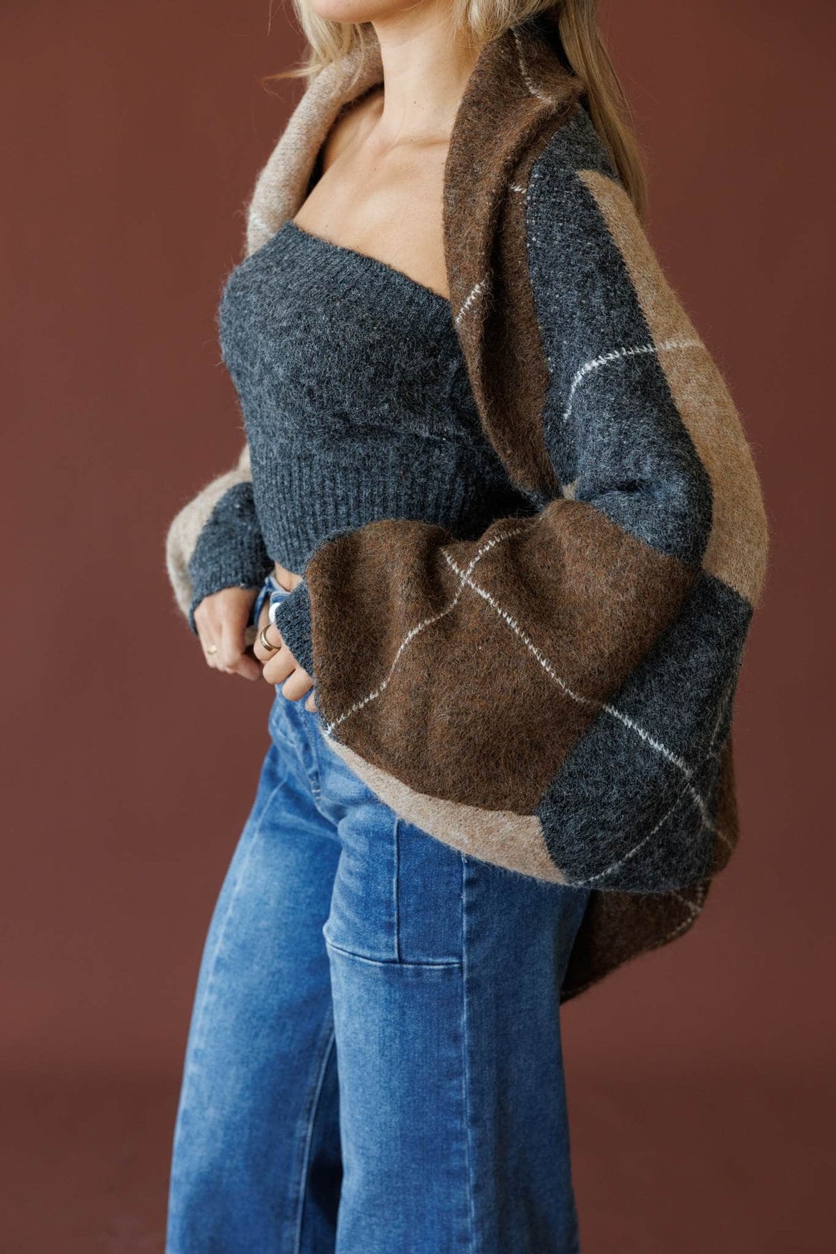 Charcoal argyle cardigan and tube top set