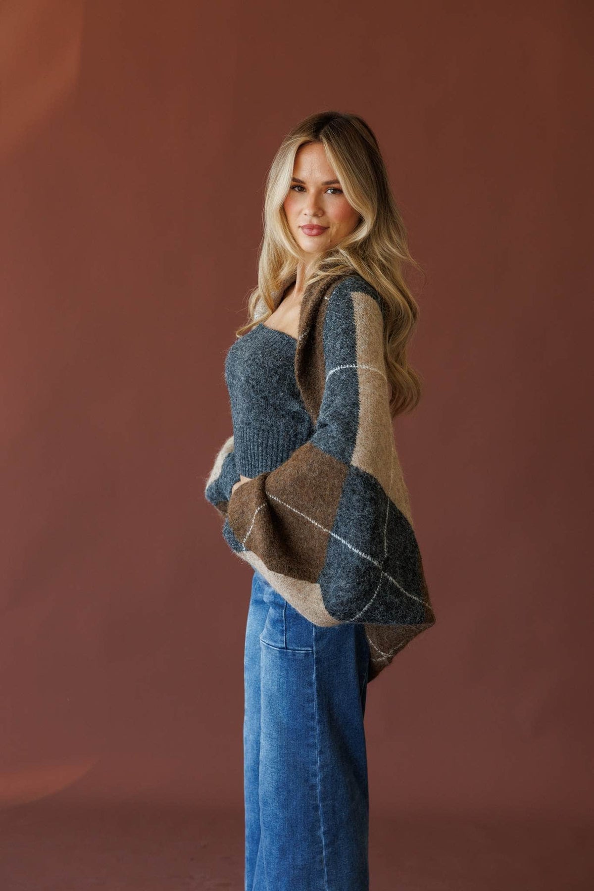 Charcoal argyle cardigan and tube top set