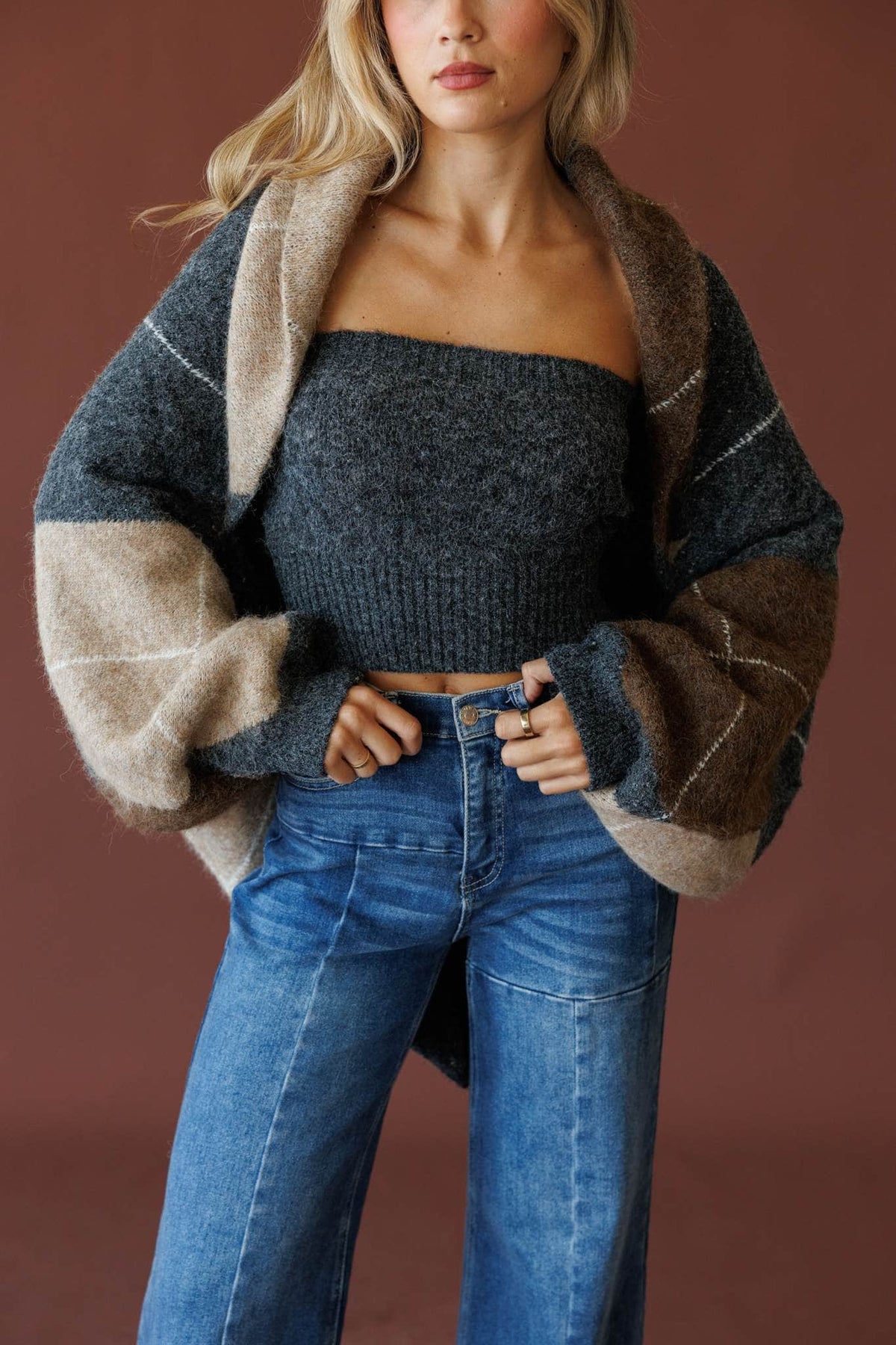 Charcoal argyle cardigan and tube top set