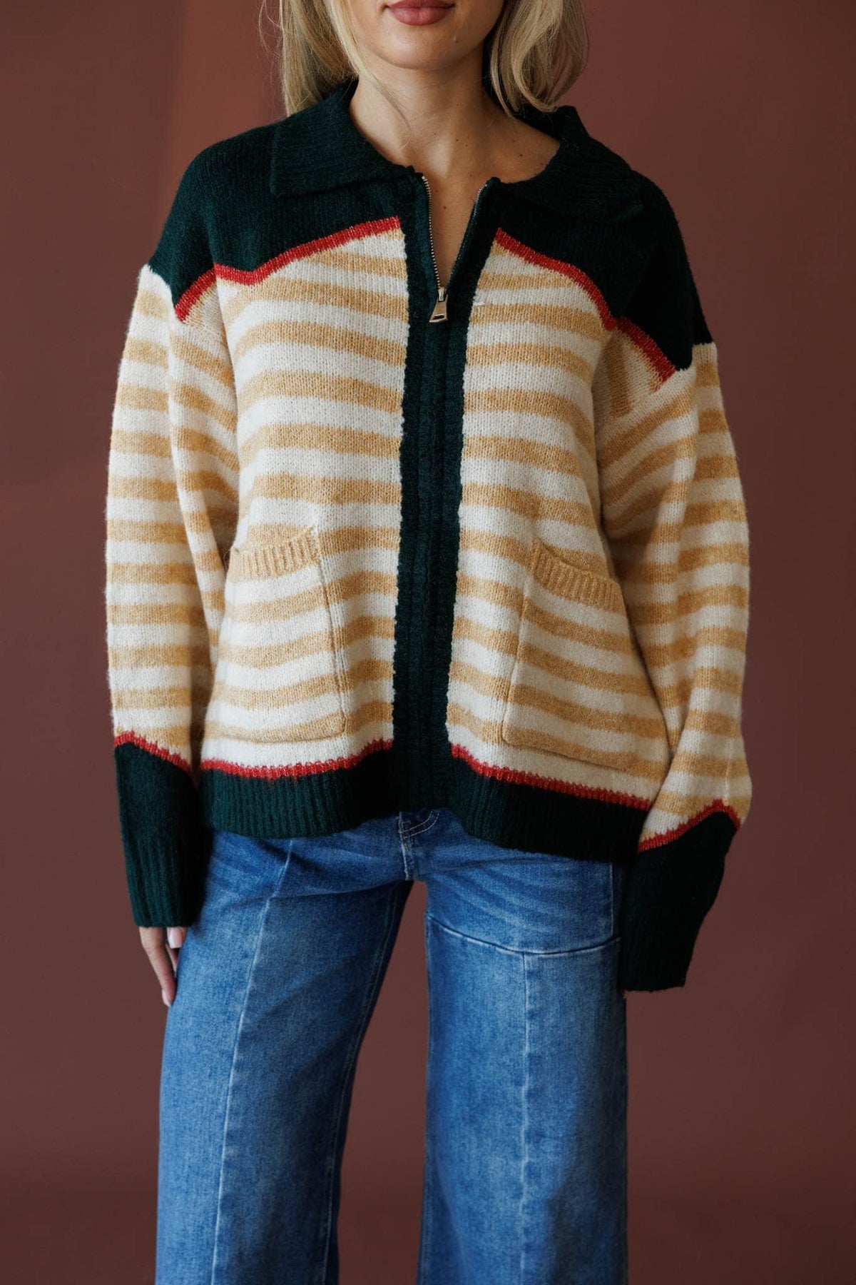 Forest green and chili sweater jacket