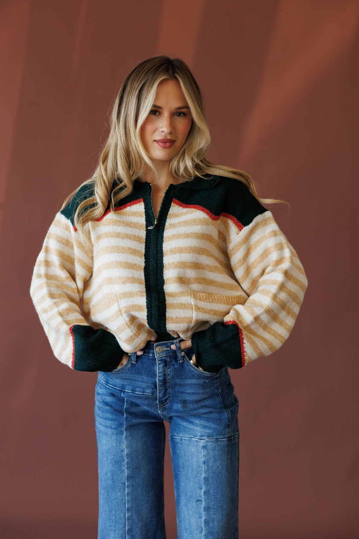 Forest green and chili sweater jacket, front view