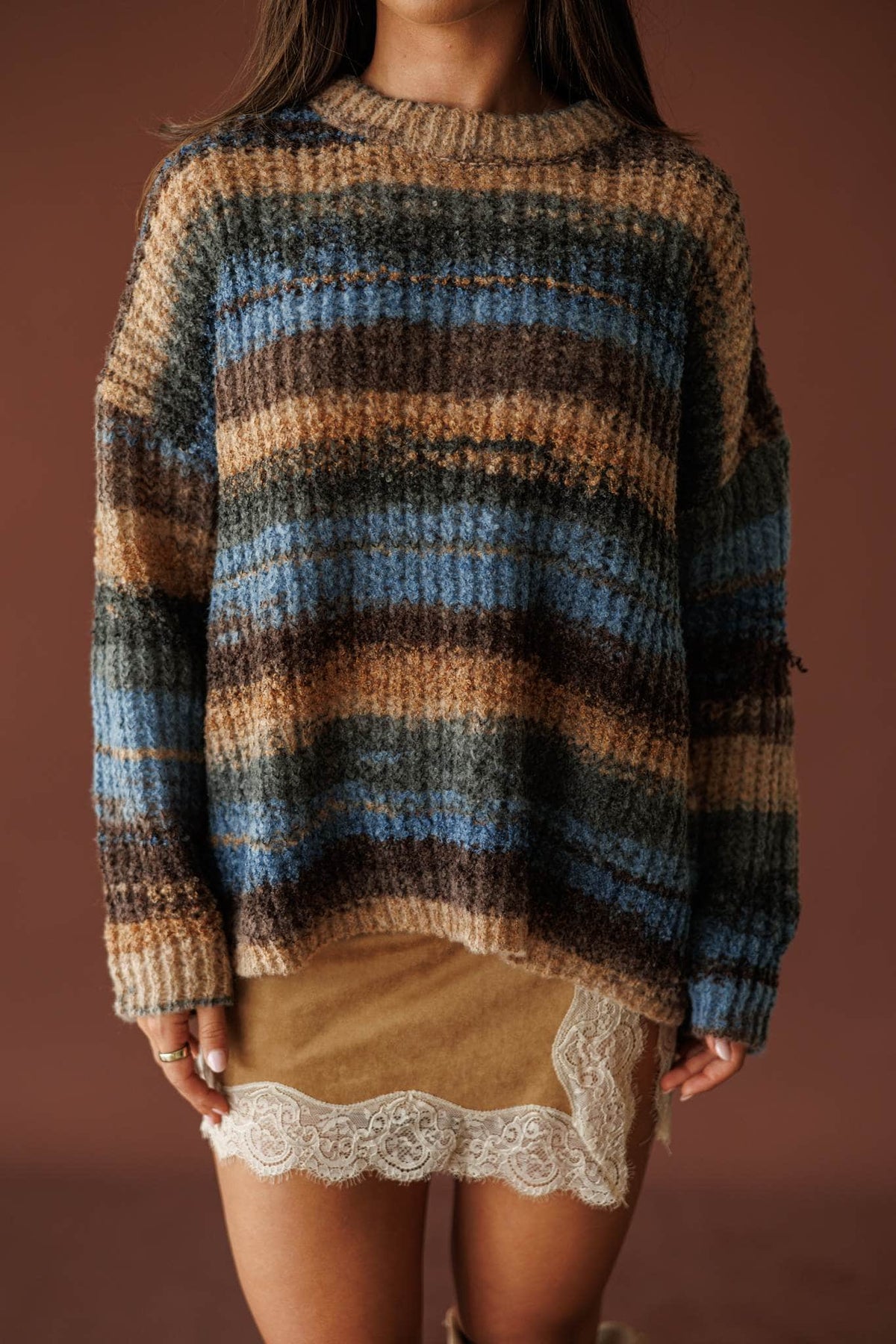 Brown and blue marled knit sweater