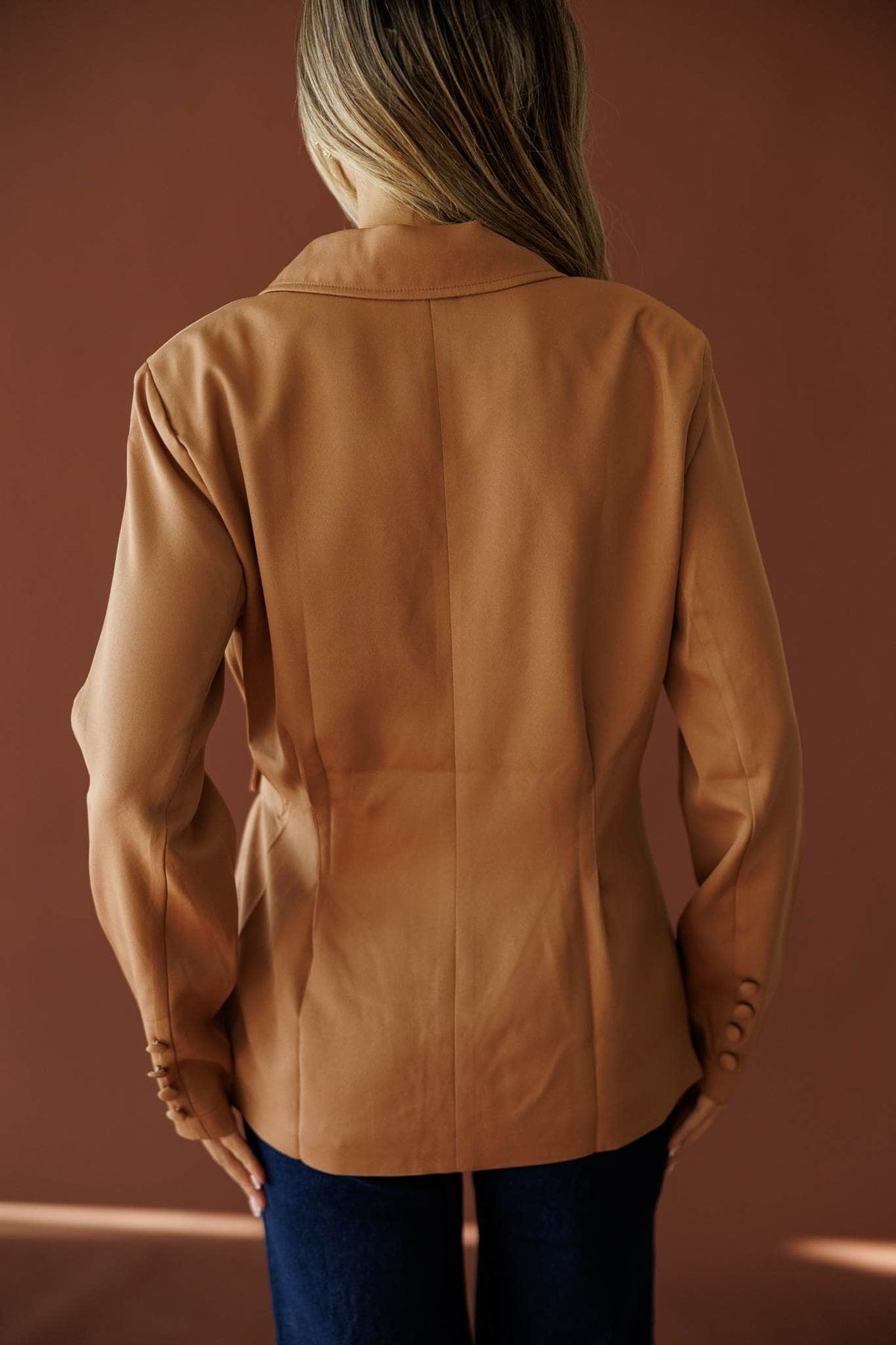 Back In The City Jacket in taupe, back view showing the longline blazer