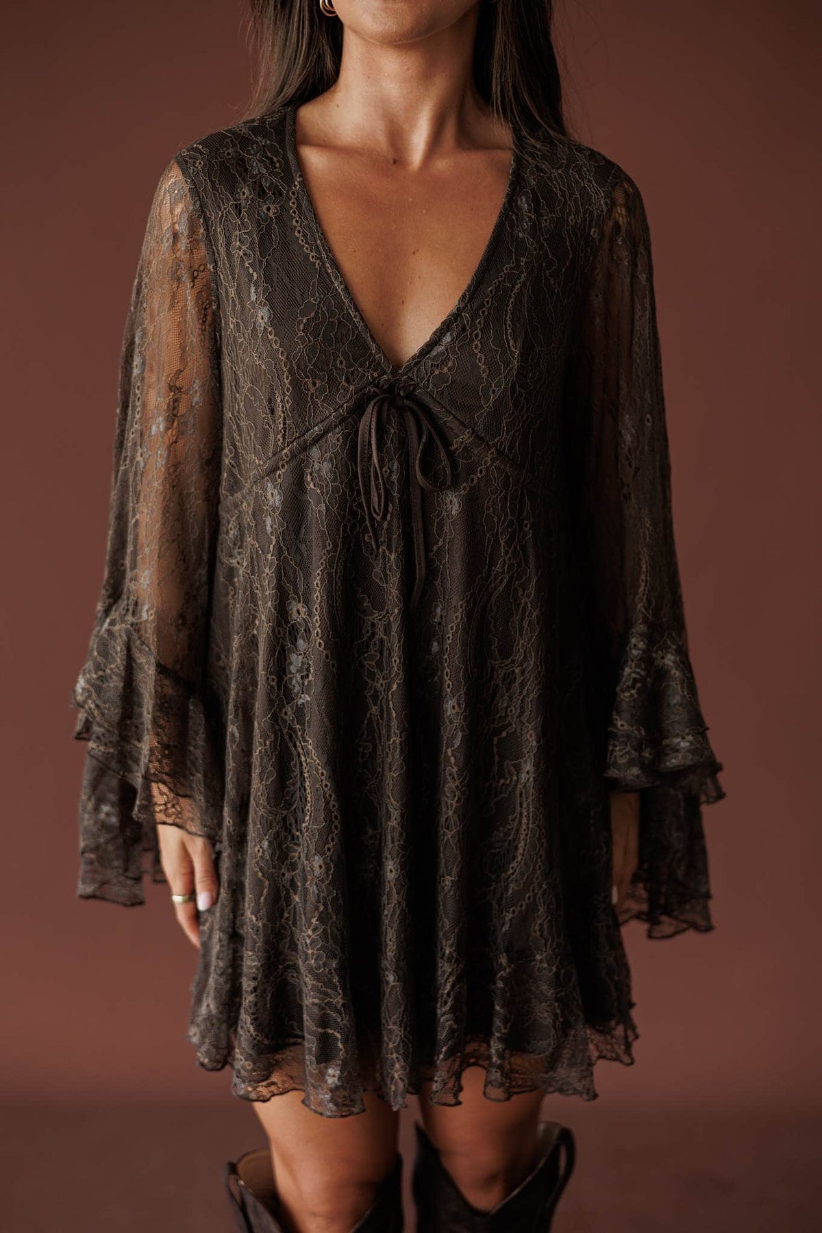 Dark brown lace babydoll mini dress
