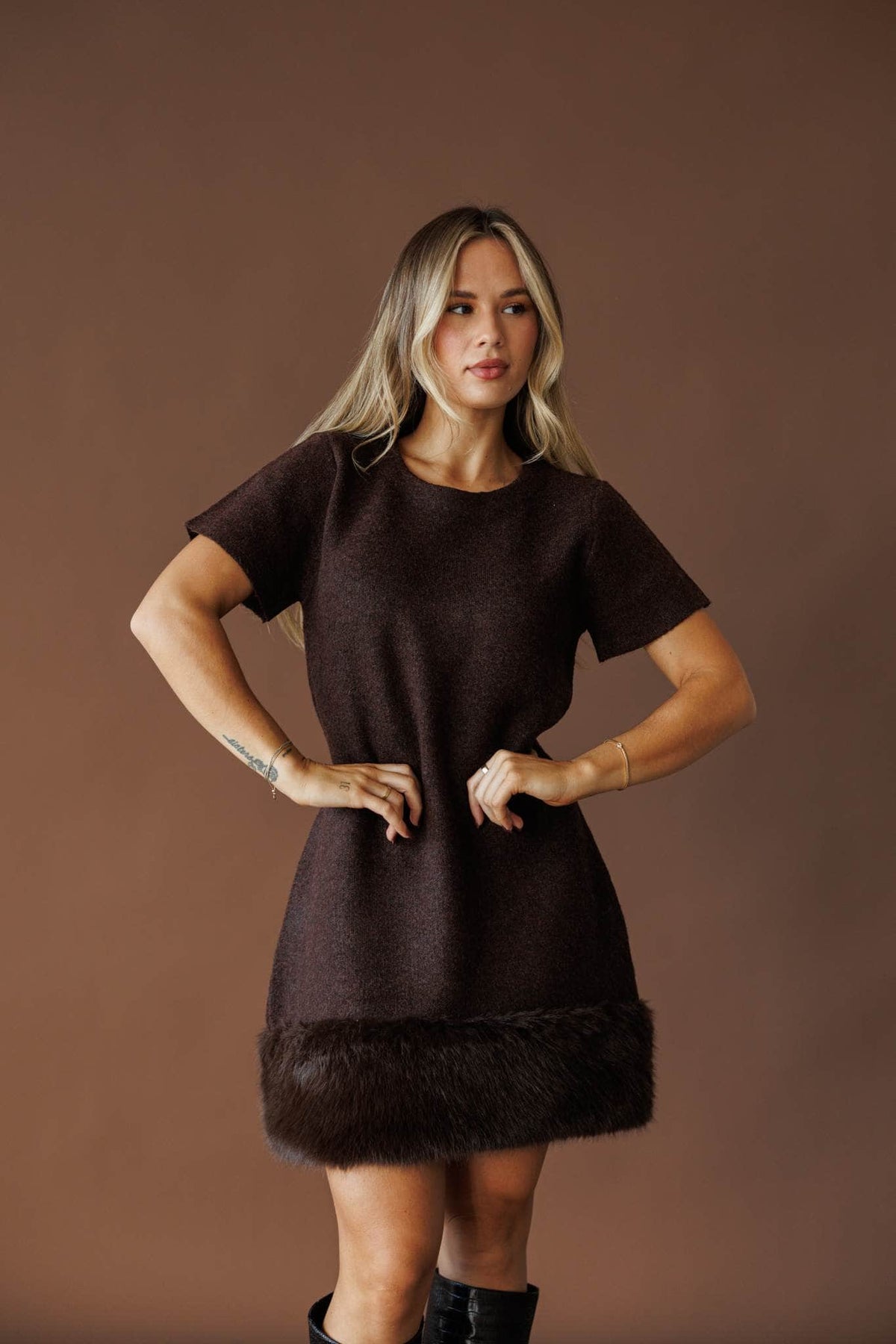 Fur trim hem knit mini dress