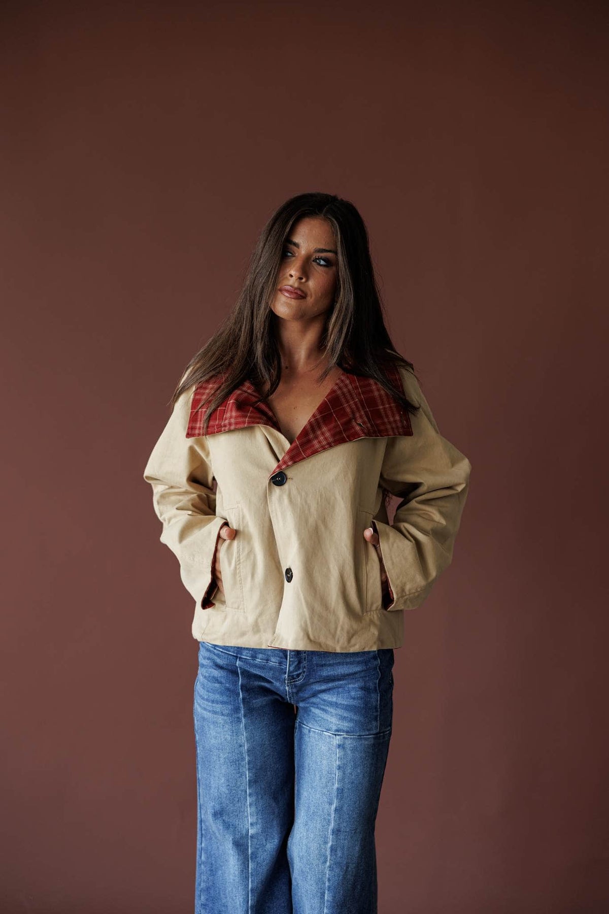Reversible cropped trench coat