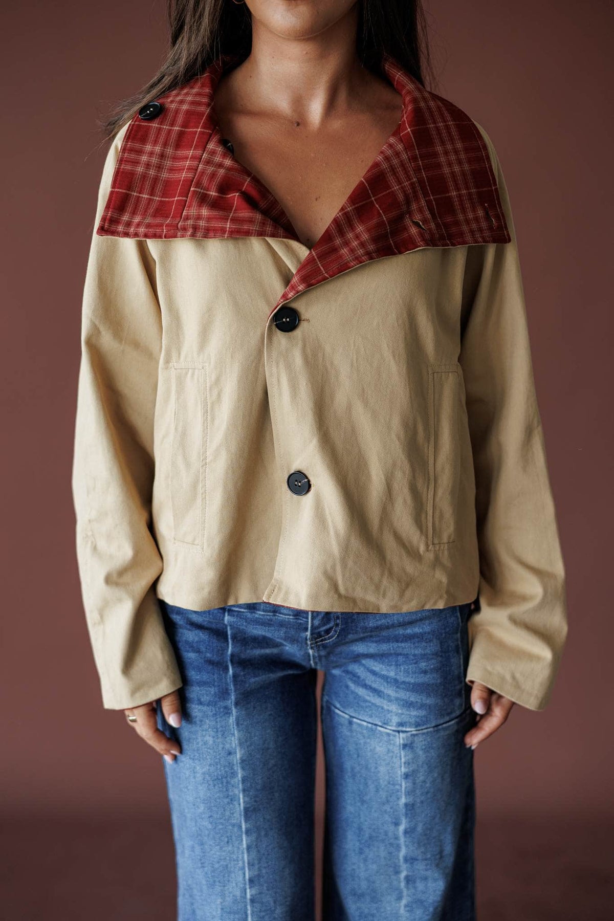 Reversible cropped trench coat