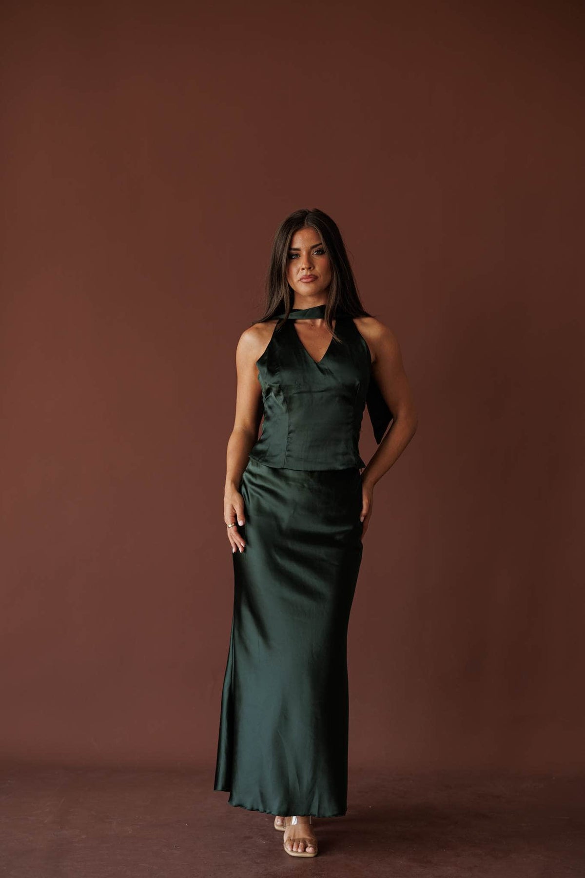 Dark green satin bias midi skirt