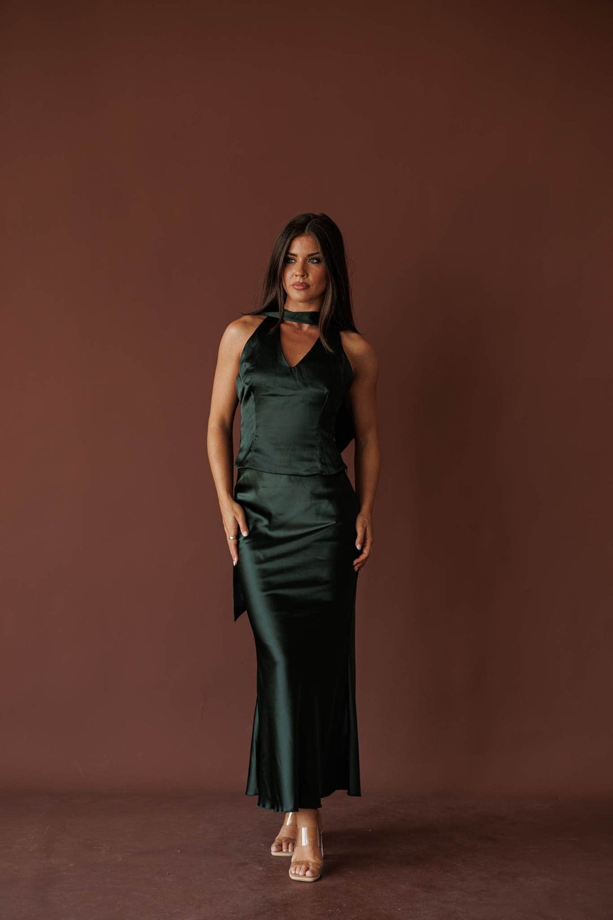 Dark green satin bias midi skirt