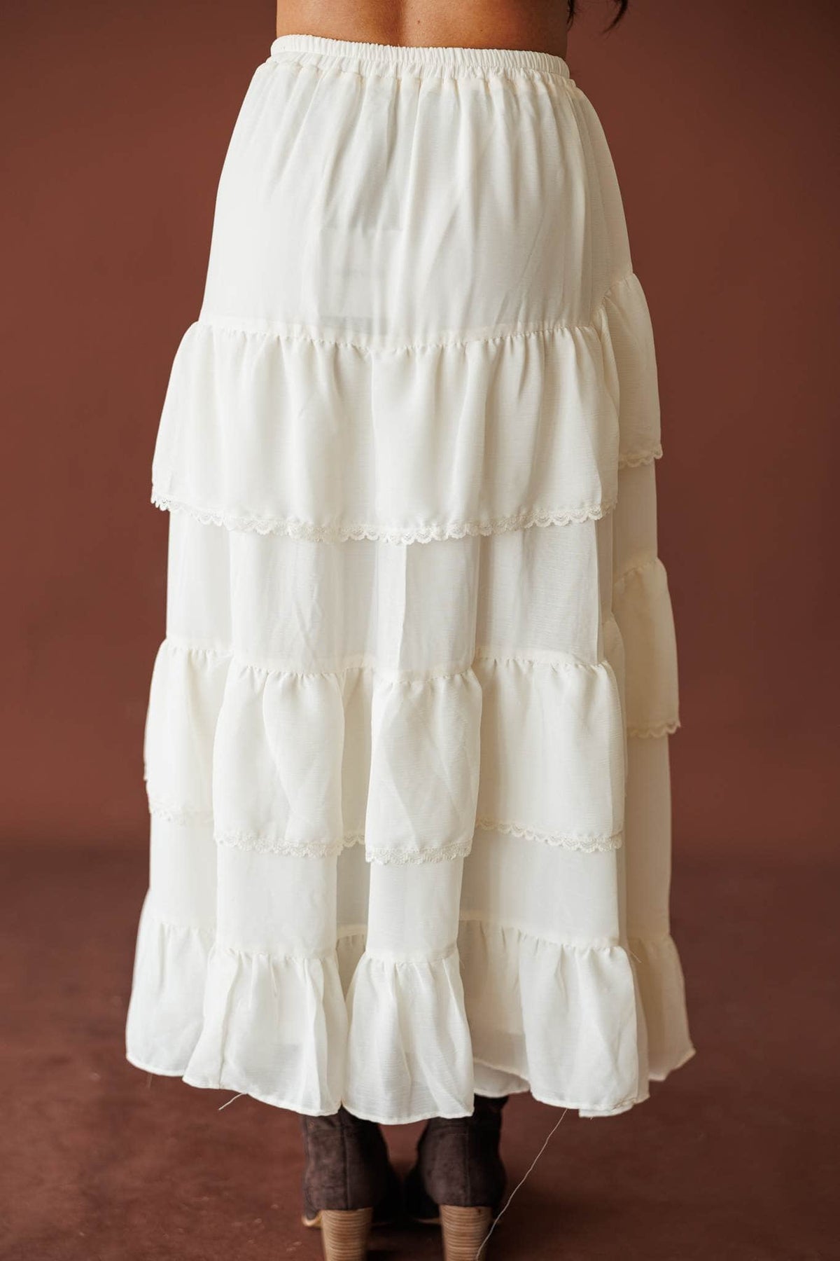 Cream tiered midi skirt, front view