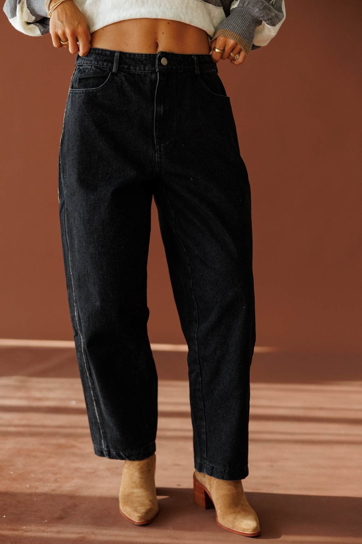 Black Leopard Piping Detail Barrel Jean in black, front view showing the high waist