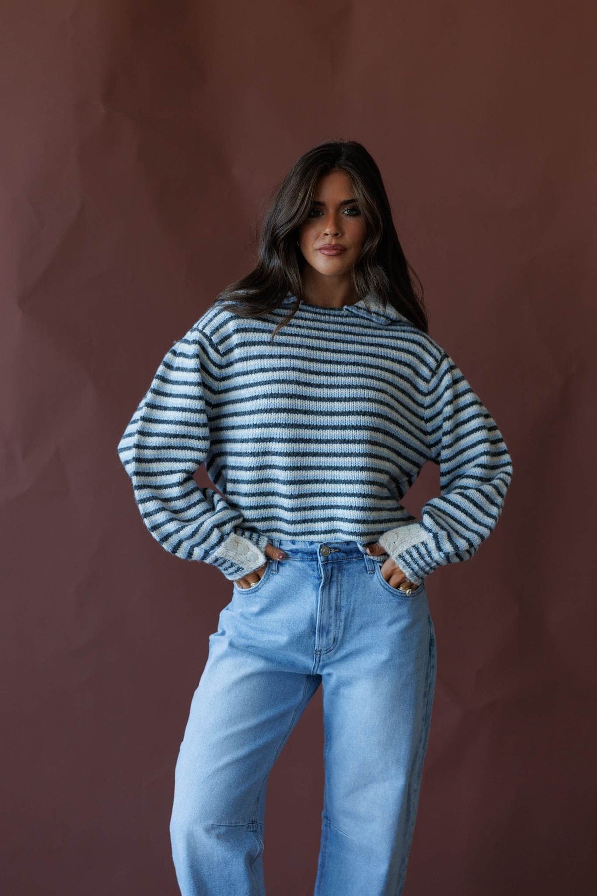 Blue striped sweater, front view