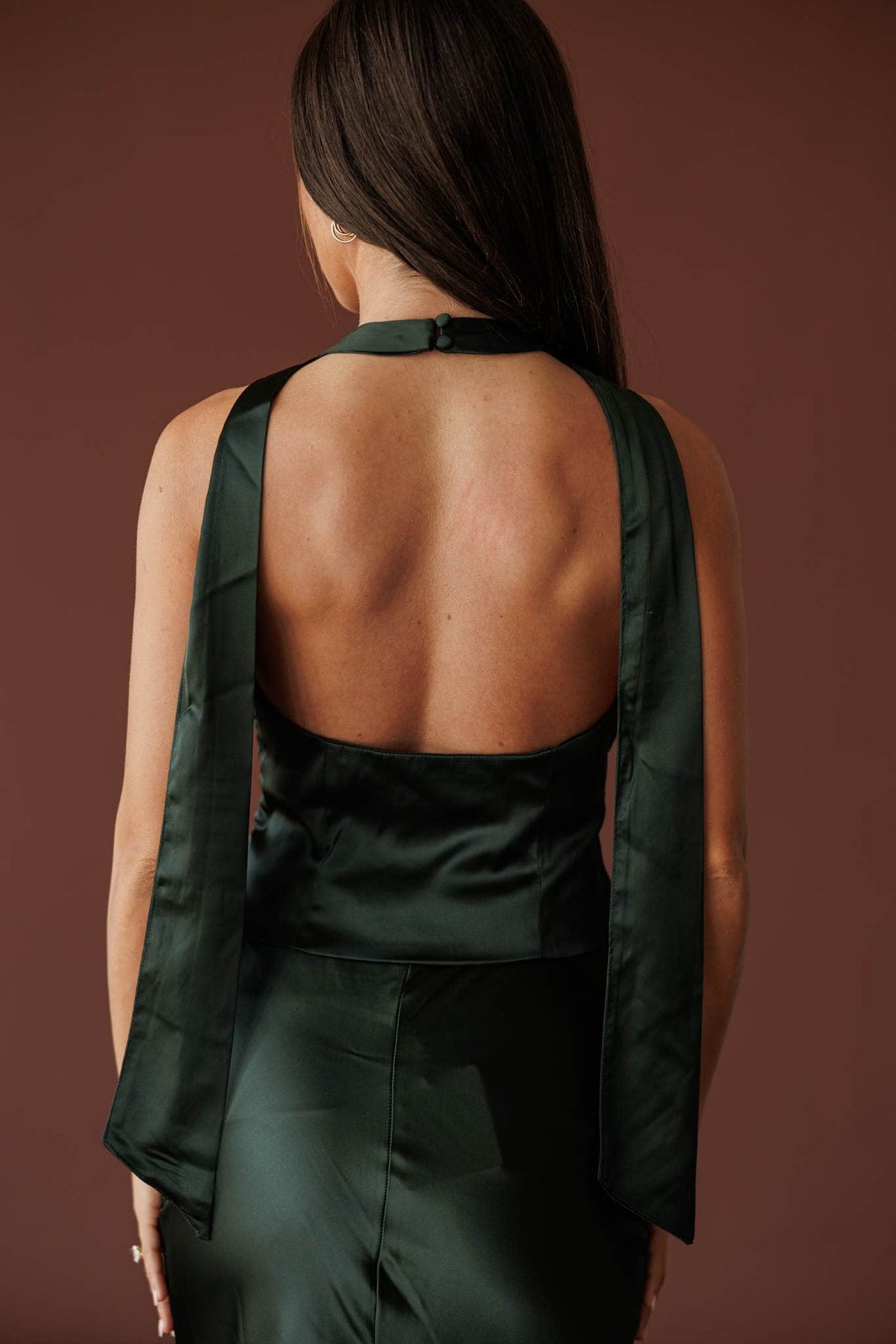 Dark green satin V neck halter top