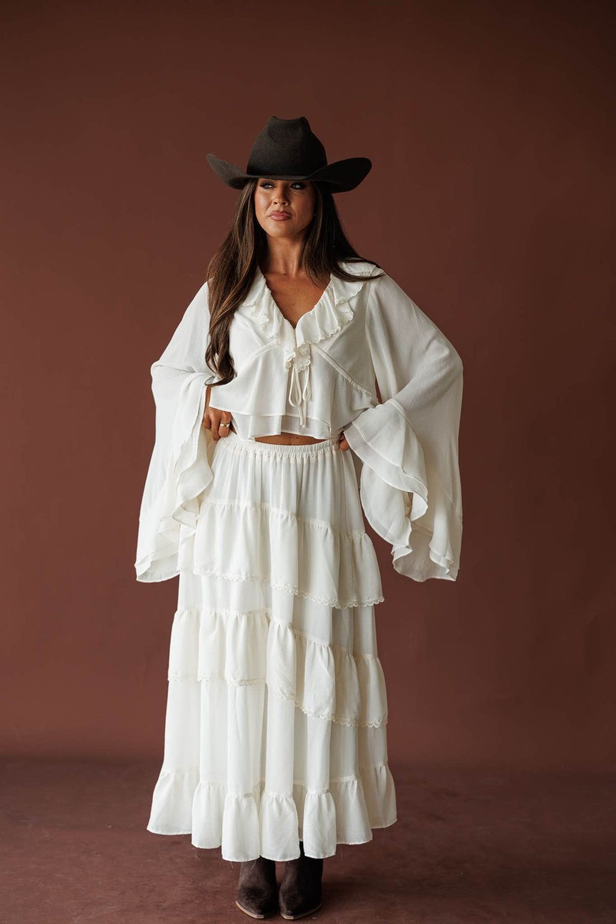 Cream ruffle V neck blouse