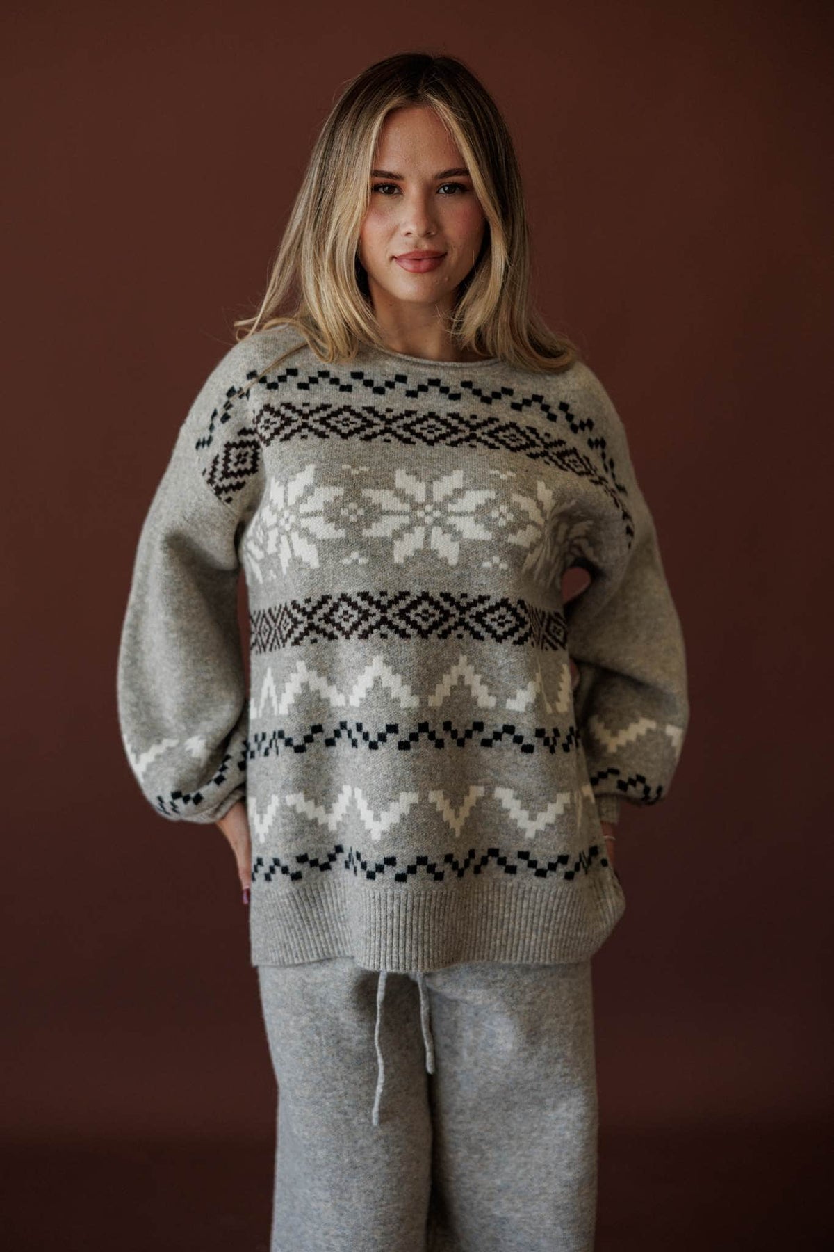 Cabin Cozy Sweater, in stone, front view with the matching pants