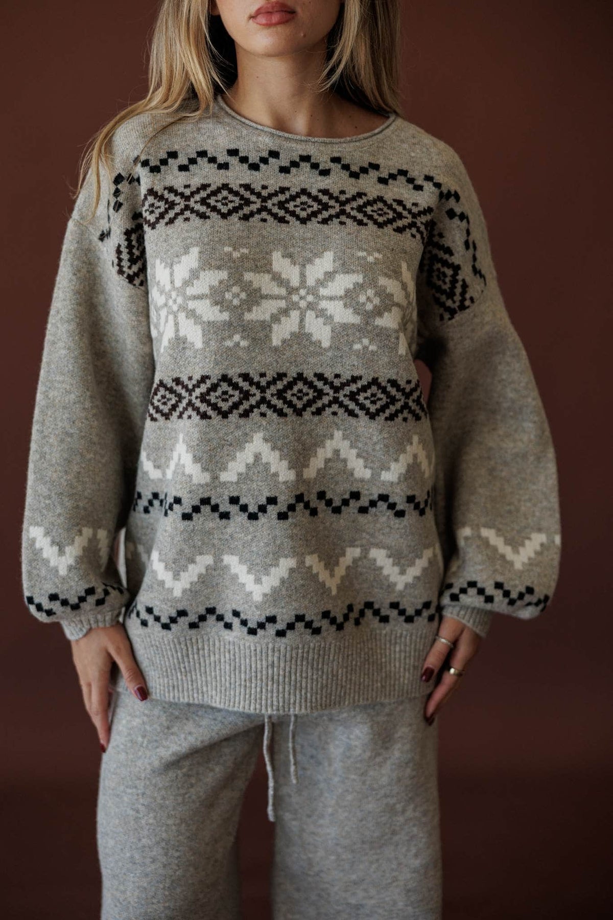 Cabin Cozy Sweater, in stone, front view of the rolled collar