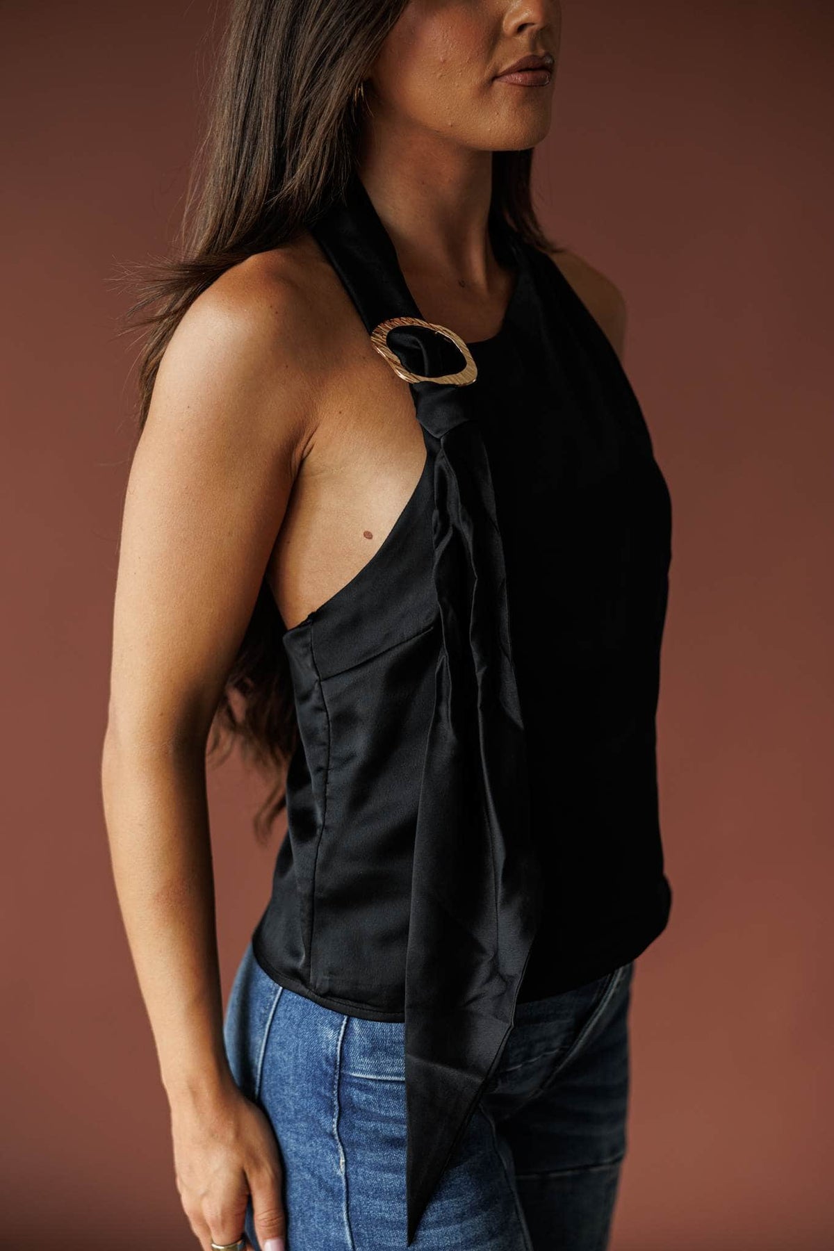 Ivory satin halter top with a draped neckline