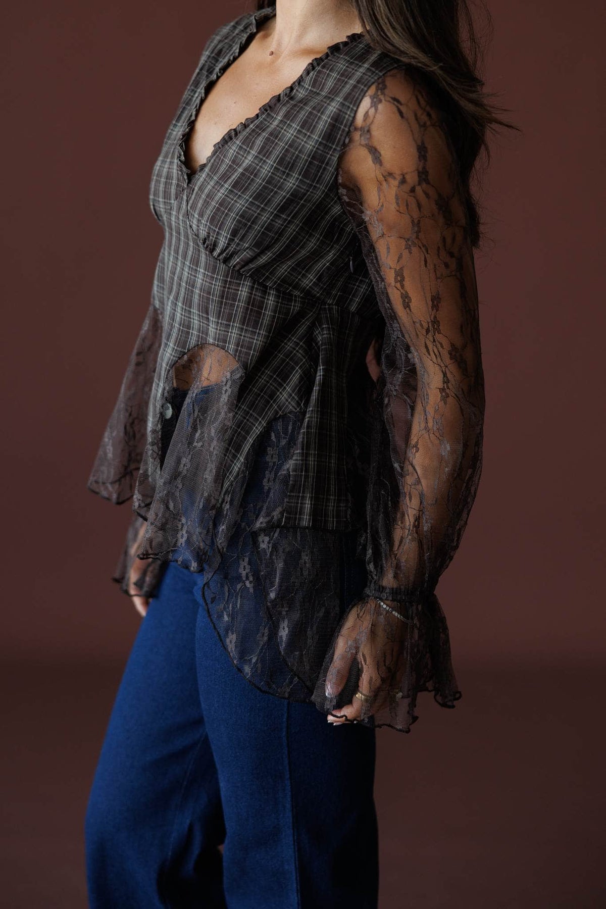 Chocolate Plaid Lace Mixed Top