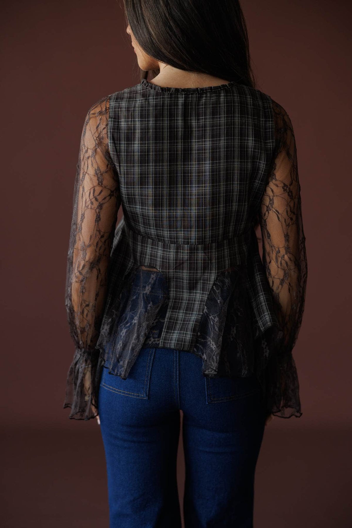 Chocolate Plaid Lace Mixed Top