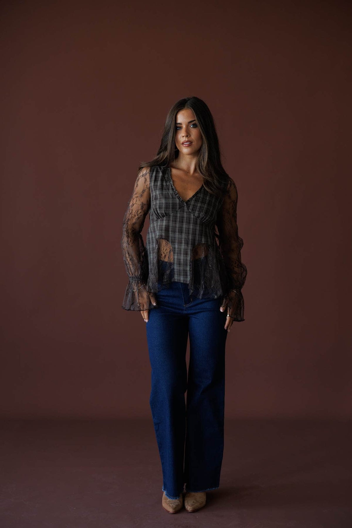 Chocolate Plaid Lace Mixed Top