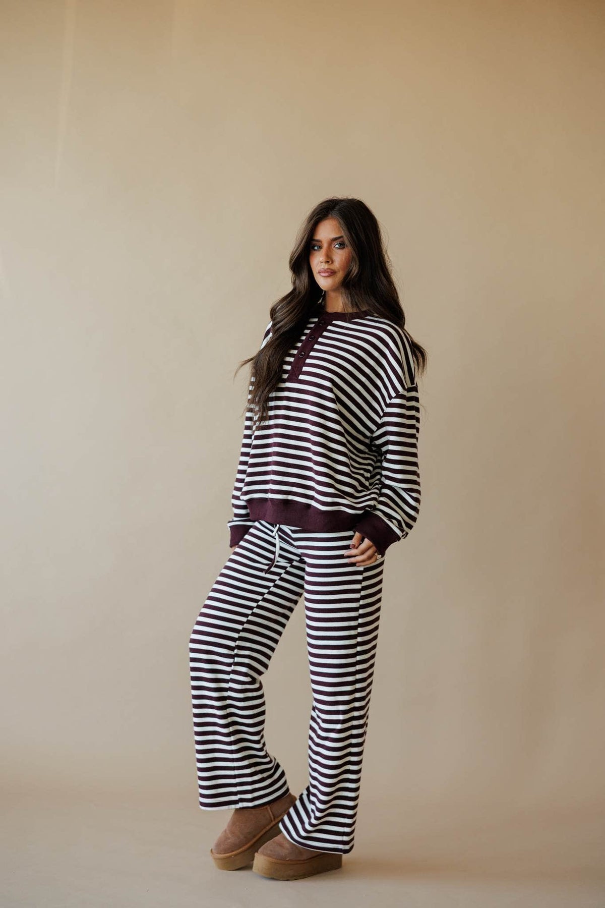 Cream and maroon stripe lounge top
