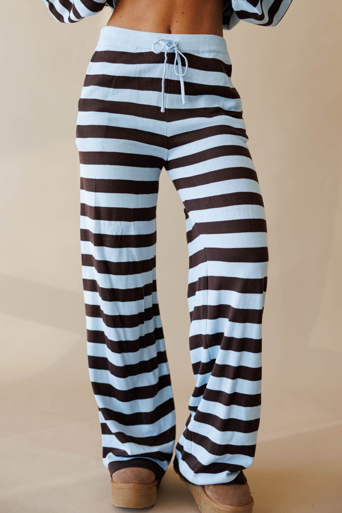 Pale blue and cocoa stripe knit wide leg pants, front view