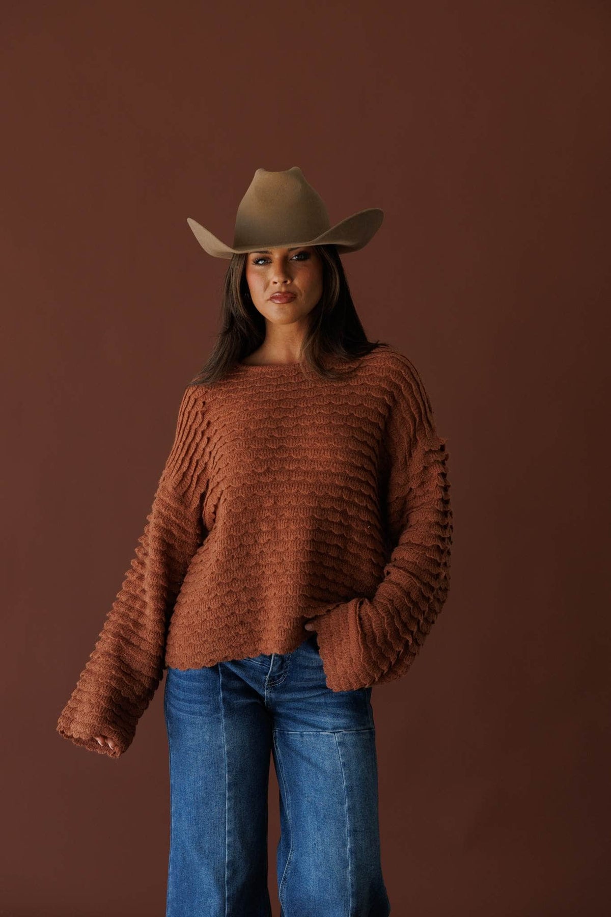 Copper textured knit sweater, front view