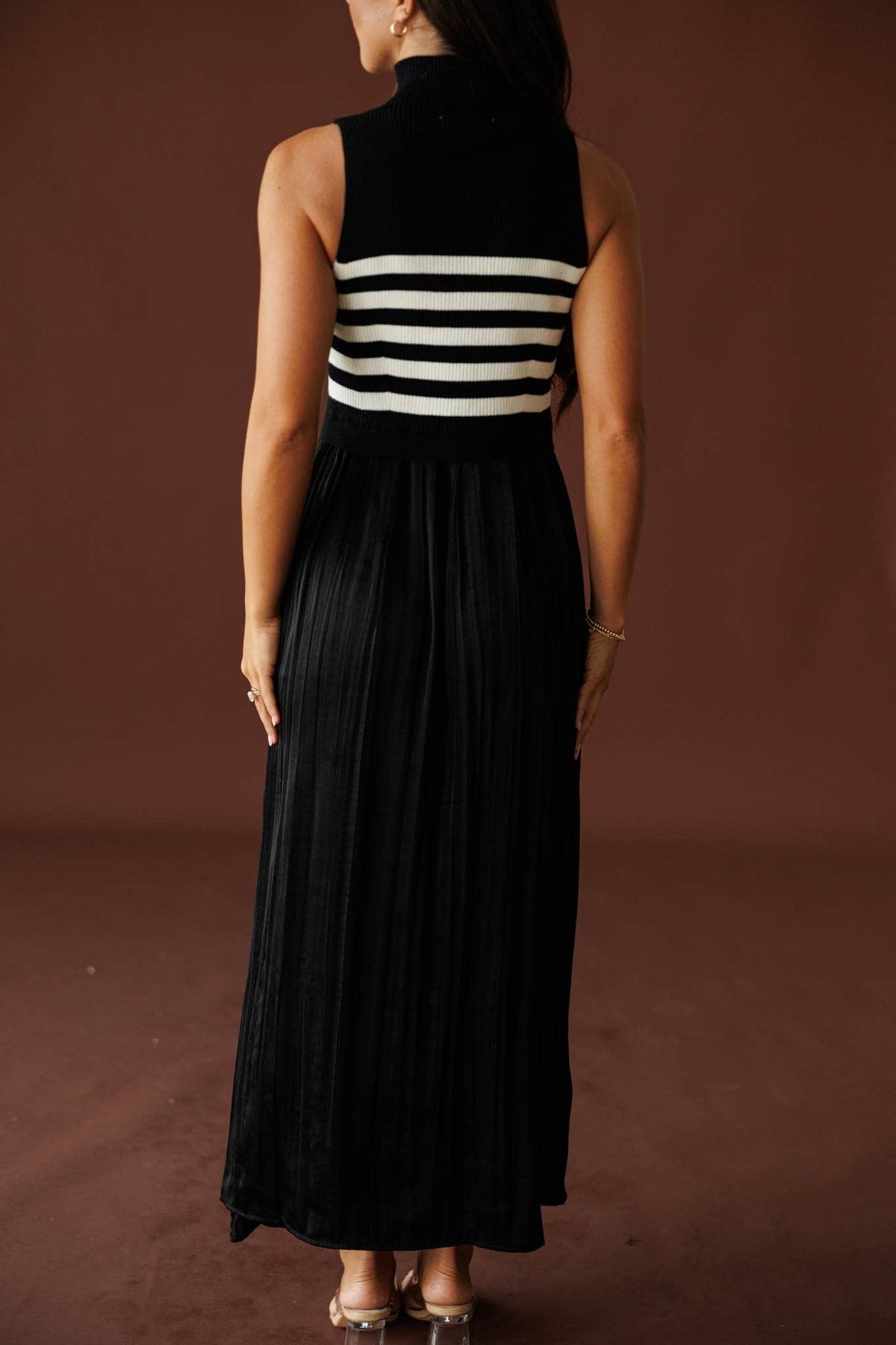 City Limits Striped Dress in black and white, back view showing the sleeveless bodice