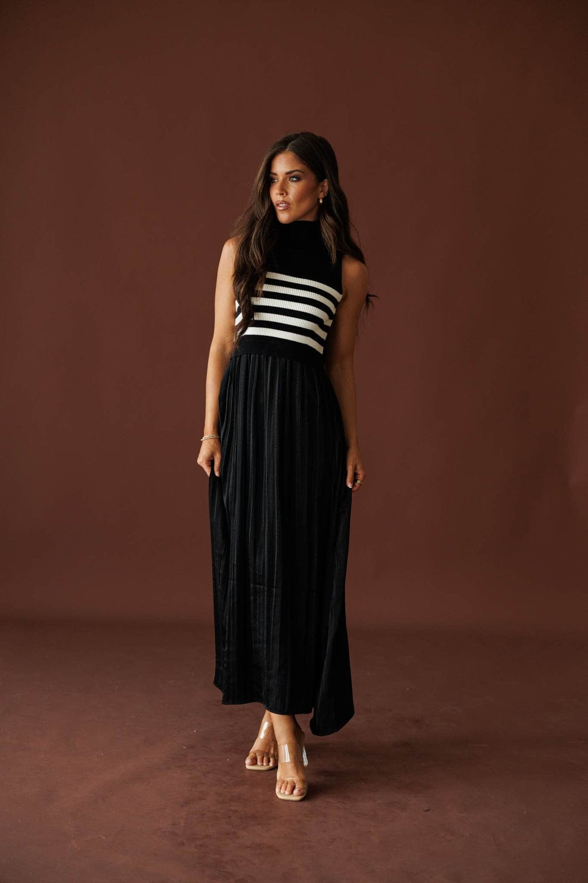 City Limits Striped Dress in black and white, full-length front view with strappy sandals