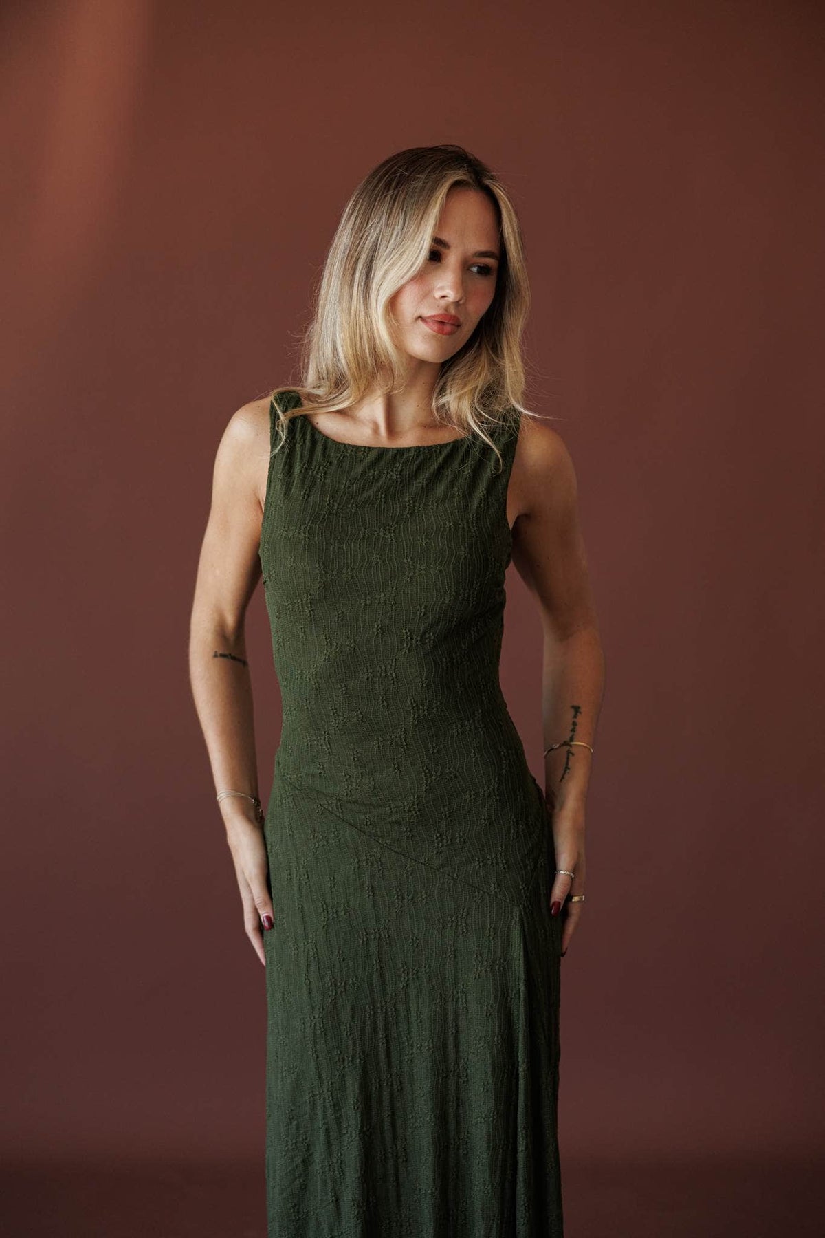Evergreen Evening Maxi Dress, front view of the draped neckline