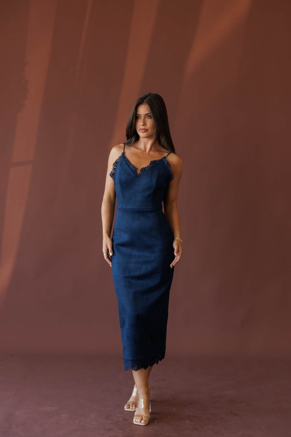 Navy suede midi dress, front view