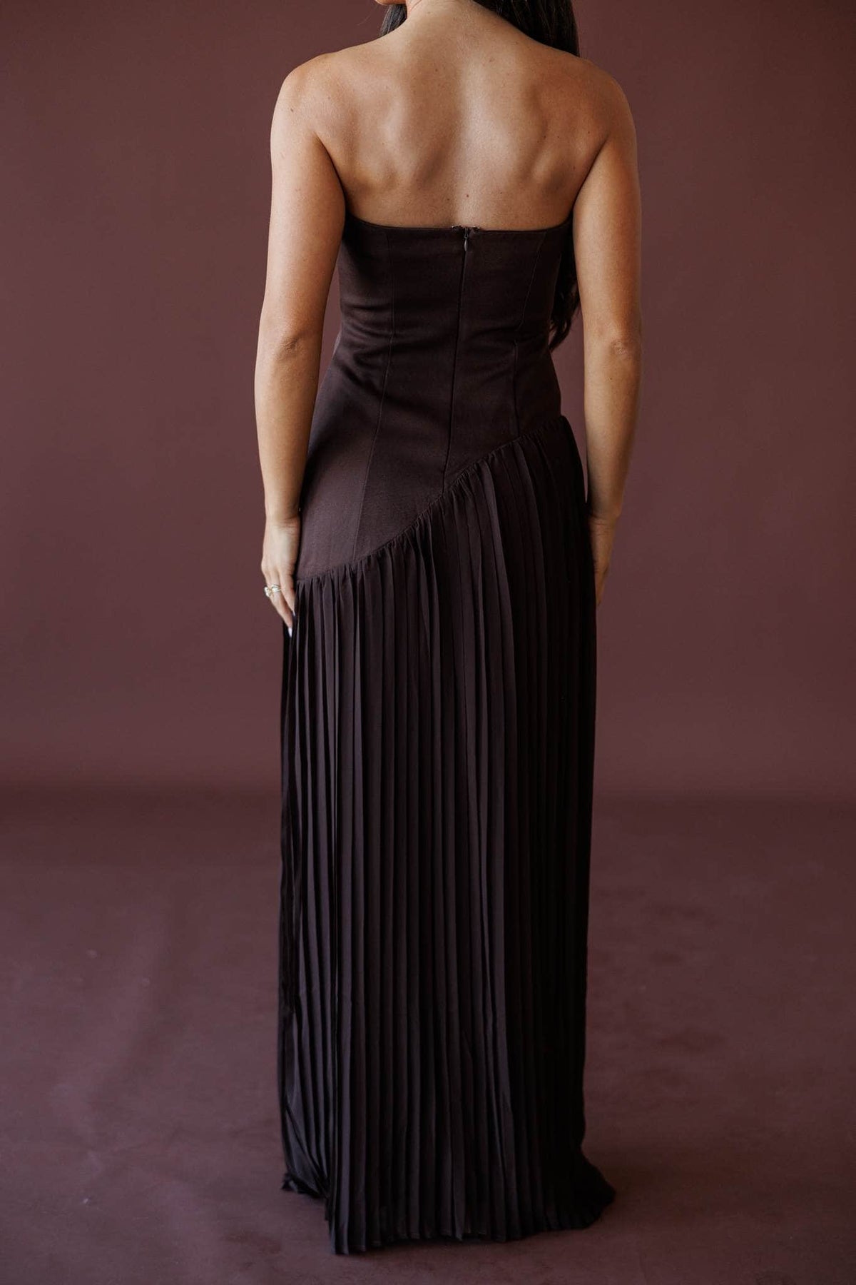 Cocoa Nights Strapless Maxi Dress, back view of the fitted bodice
