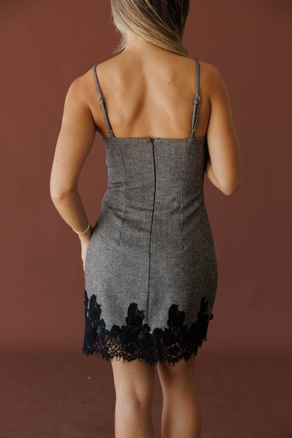 Grey mini dress with black lace trim