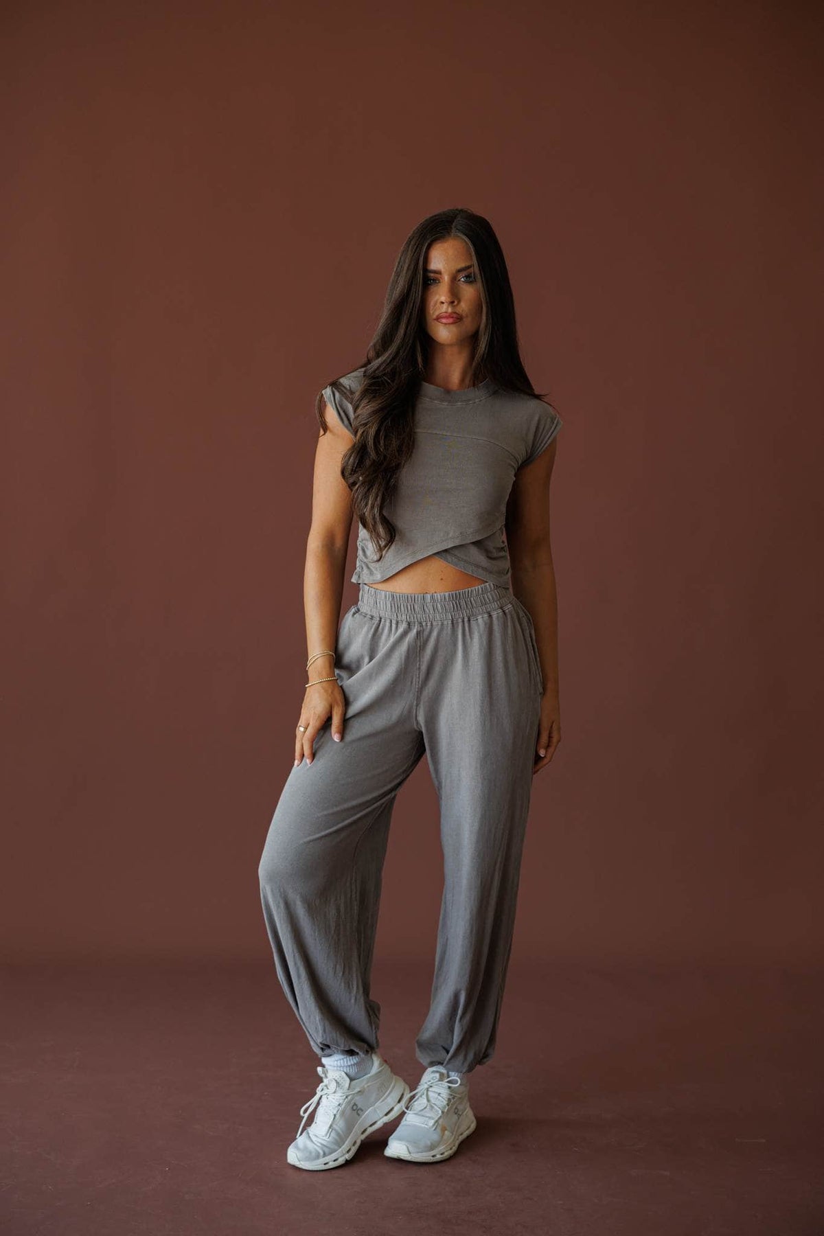 Different Energy Joggers in truffle, full-length view with the matching cap sleeve top