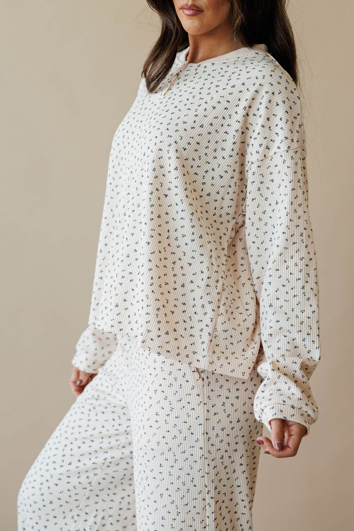 Cream ditsy floral henley top