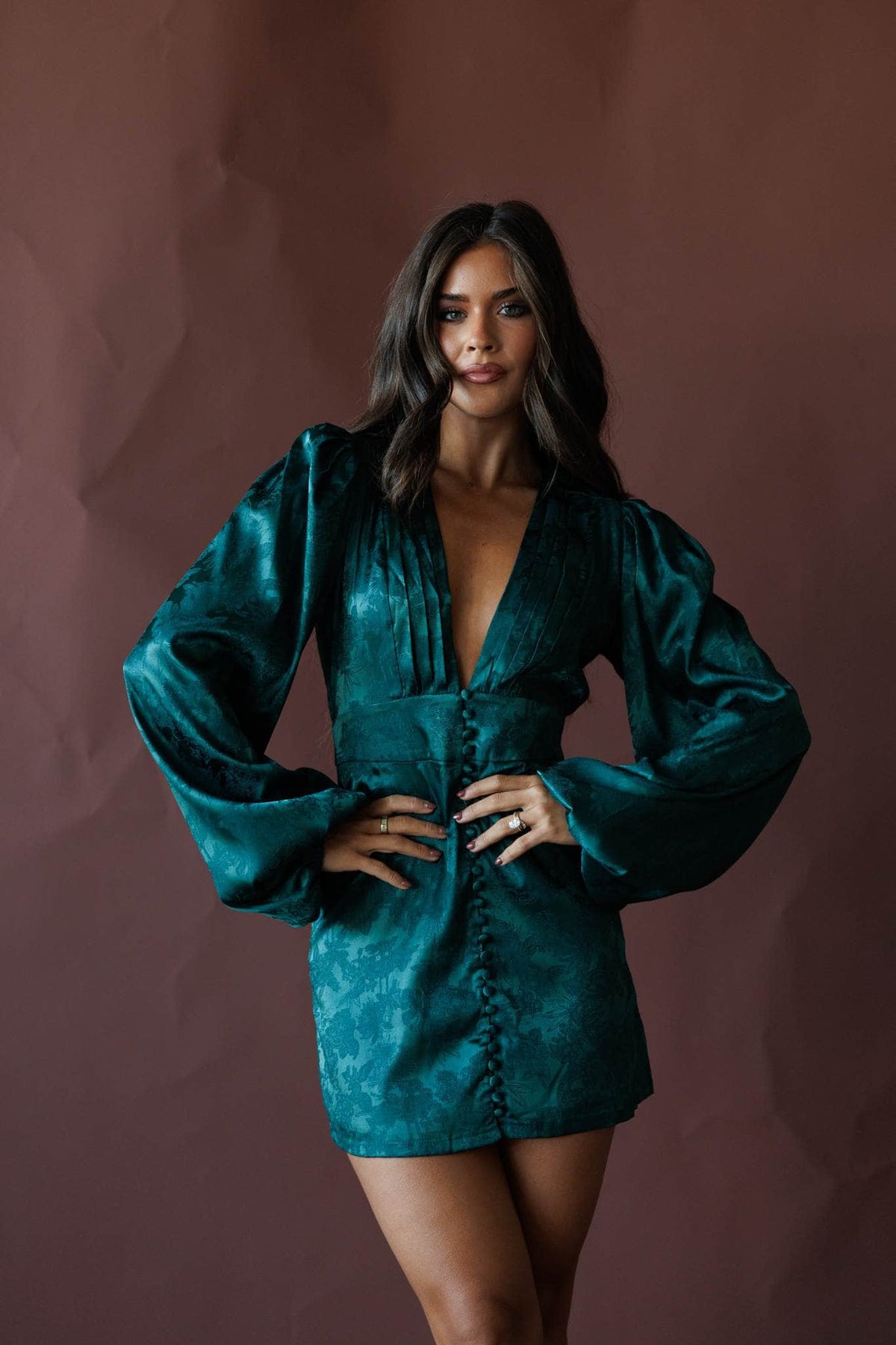 Emerald satin long sleeve mini dress
