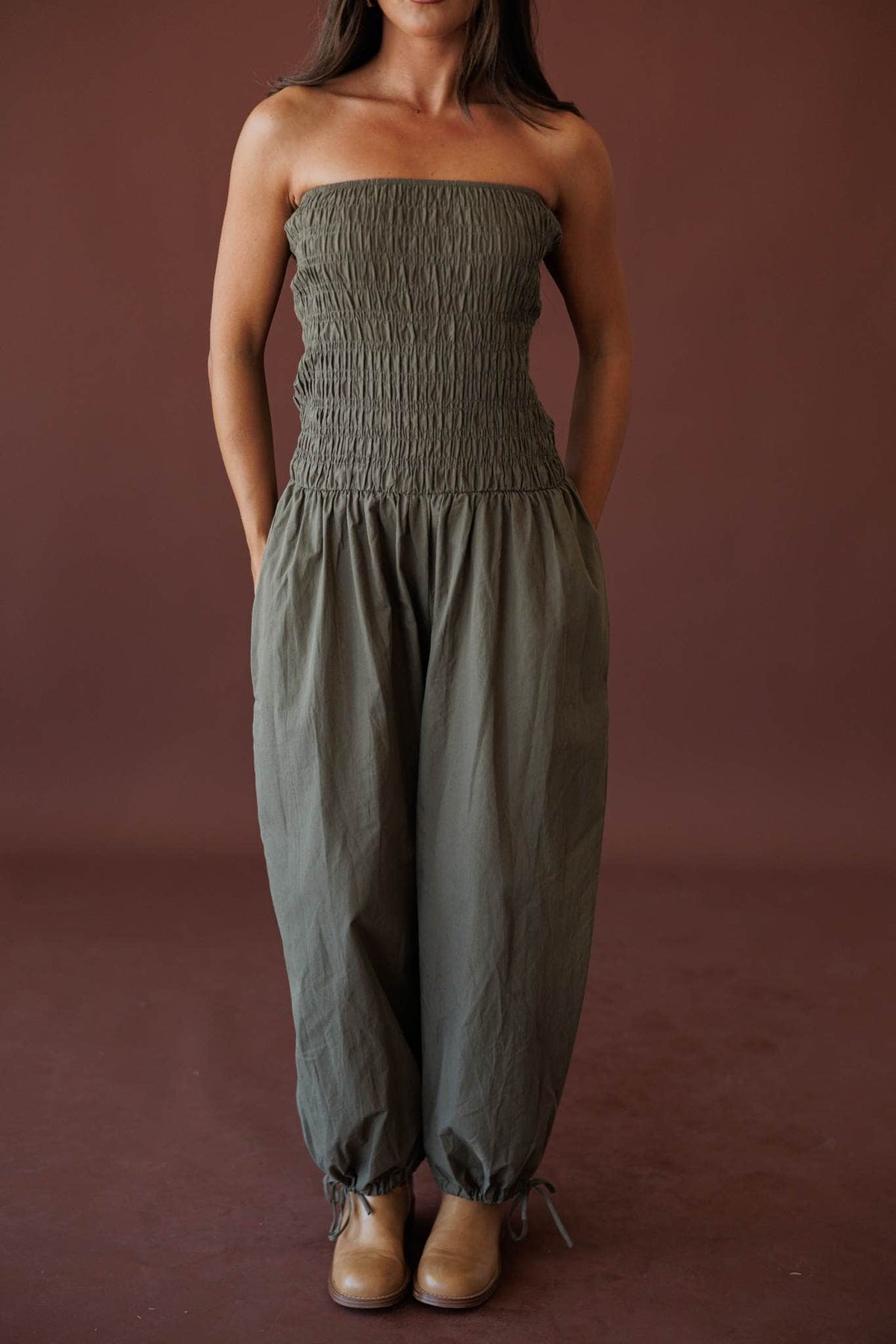Evening Event Wide Leg Jumpsuit, in olive, close front view of the bodice and side pockets