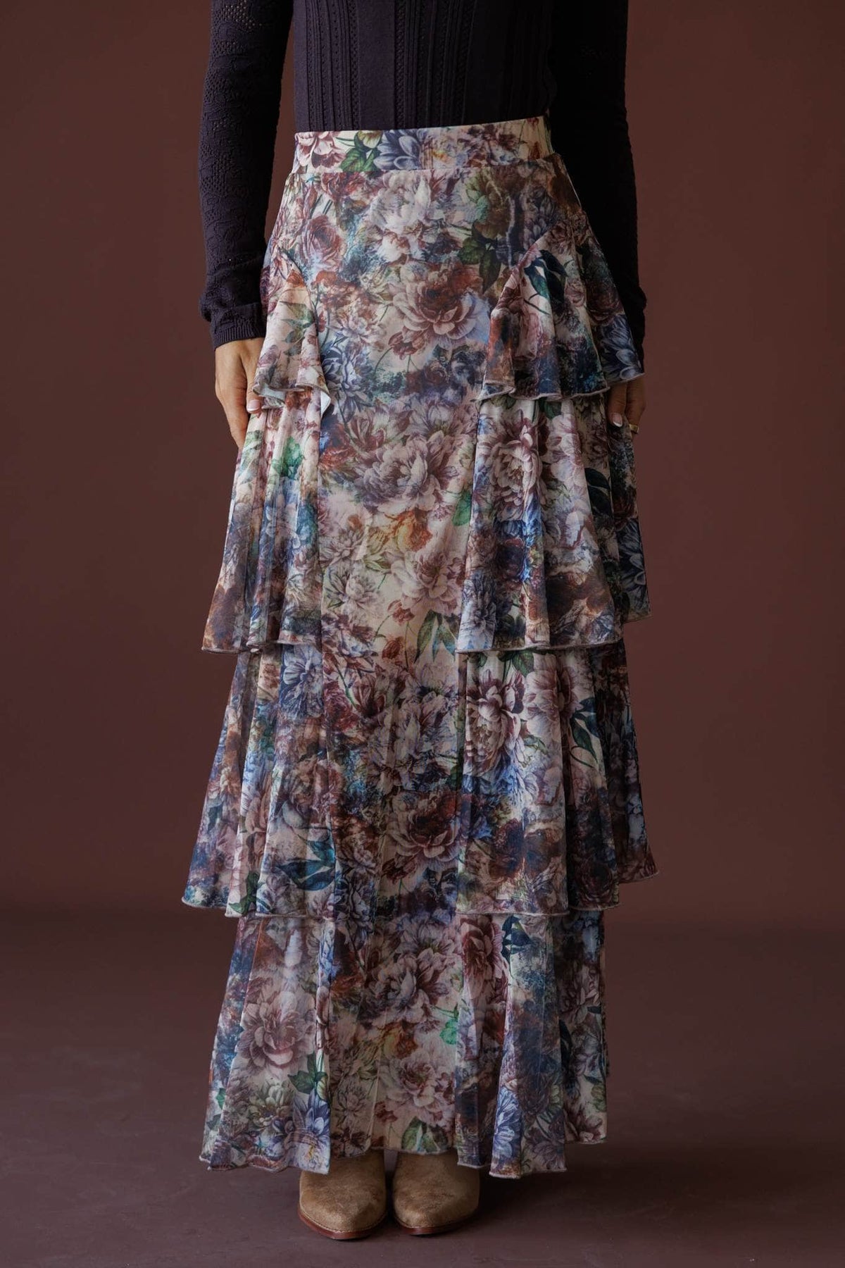 Falling Fast Floral Skirt in sand floral, front close-up of the tiered ruffle maxi