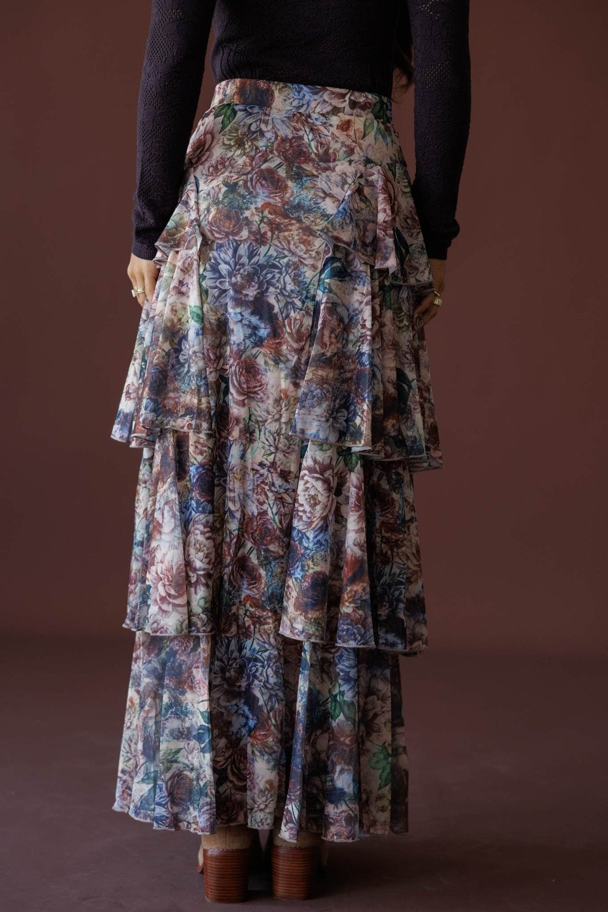 Falling Fast Floral Skirt in sand floral, side view showing the tiered floral chiffon