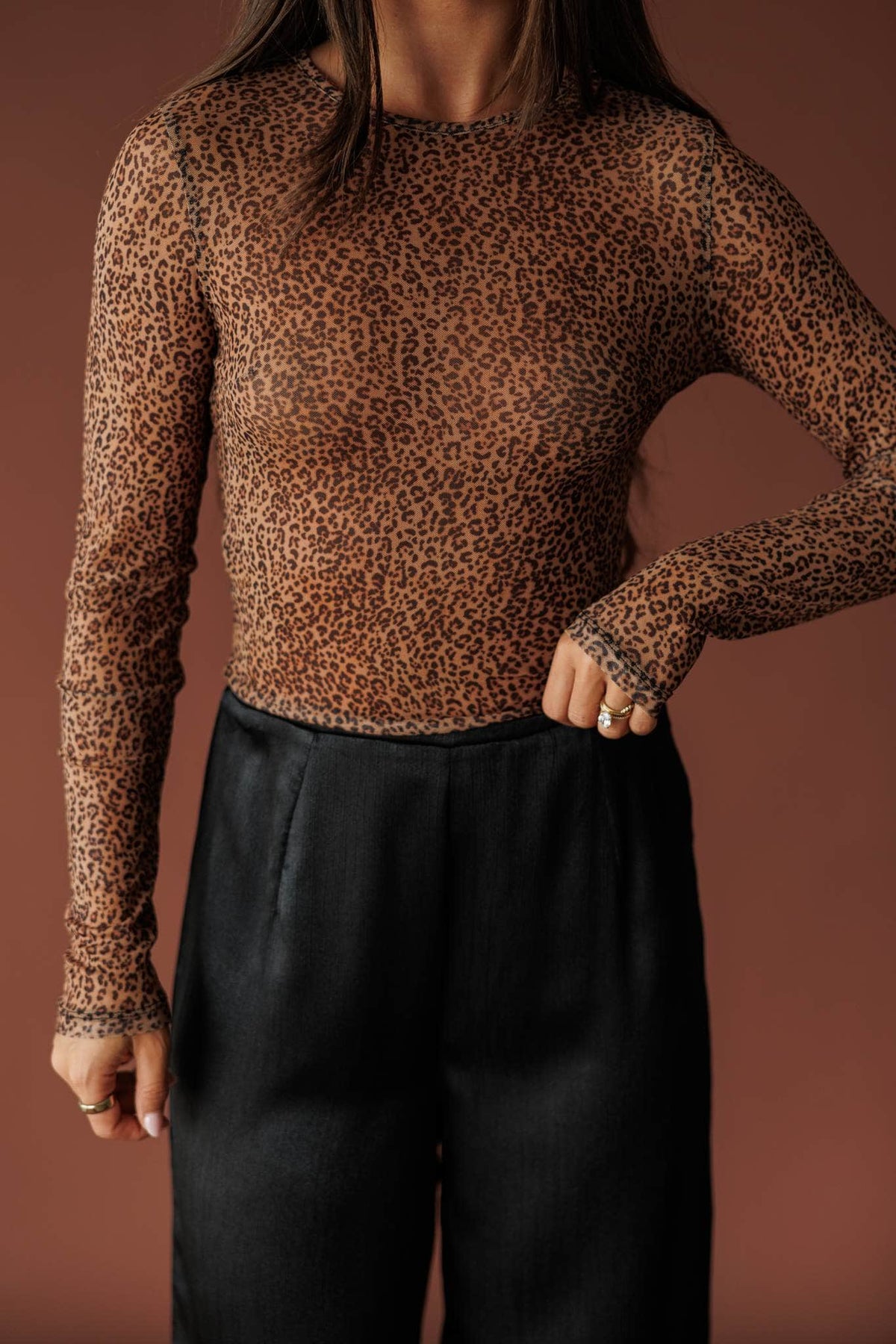 Burnt Sugar Mesh Top, in tawny brown, close front view of the sheer mesh sleeve