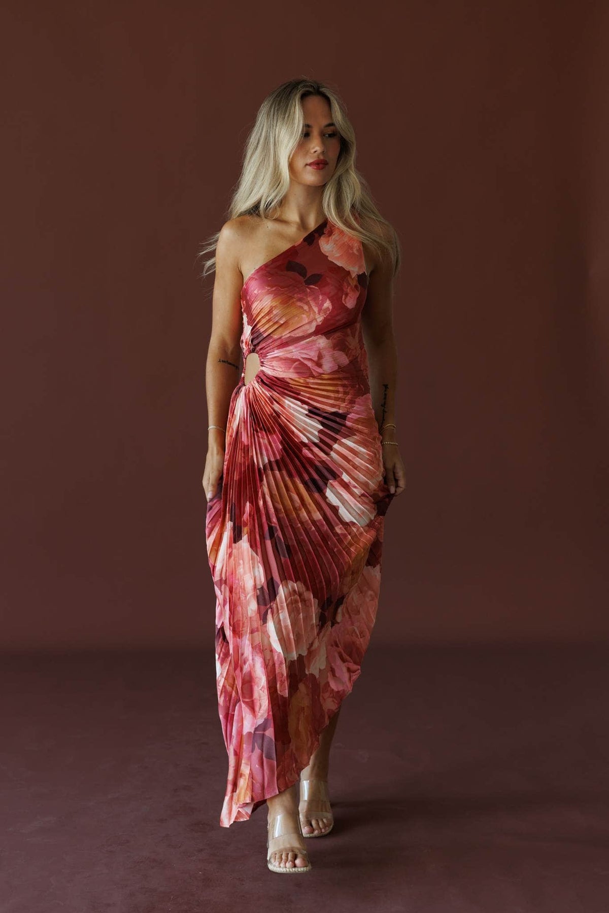 Petal Effect Maxi Dress in romantic floral, full-length view on model in the pleated maxi