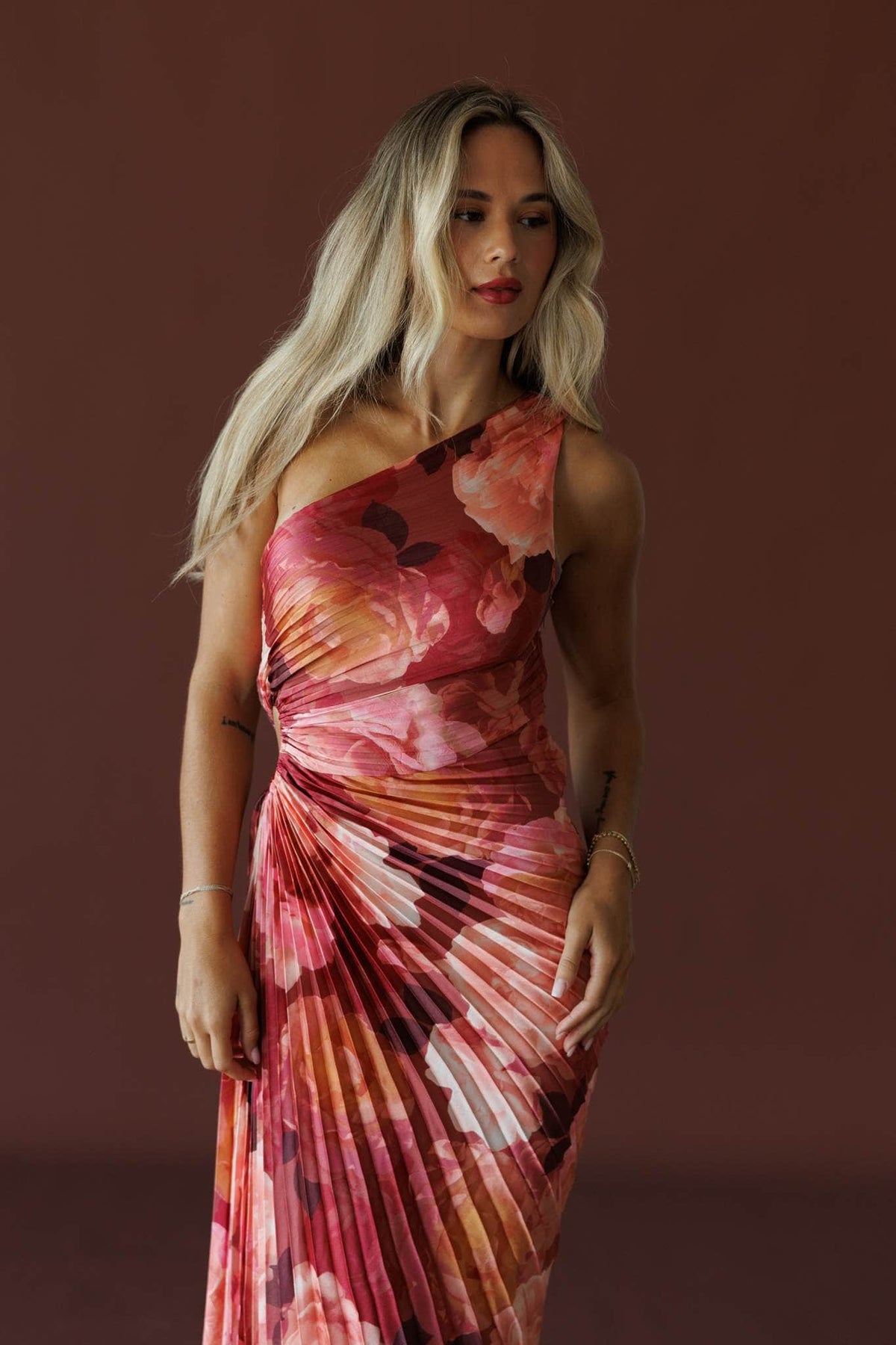 Petal Effect Maxi Dress in romantic floral, front close-up of the one shoulder neckline