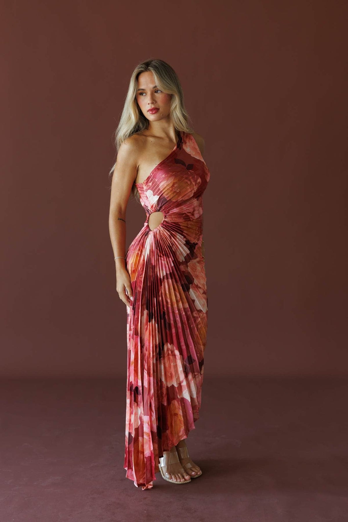 Petal Effect Maxi Dress in romantic floral, full-length front view on model