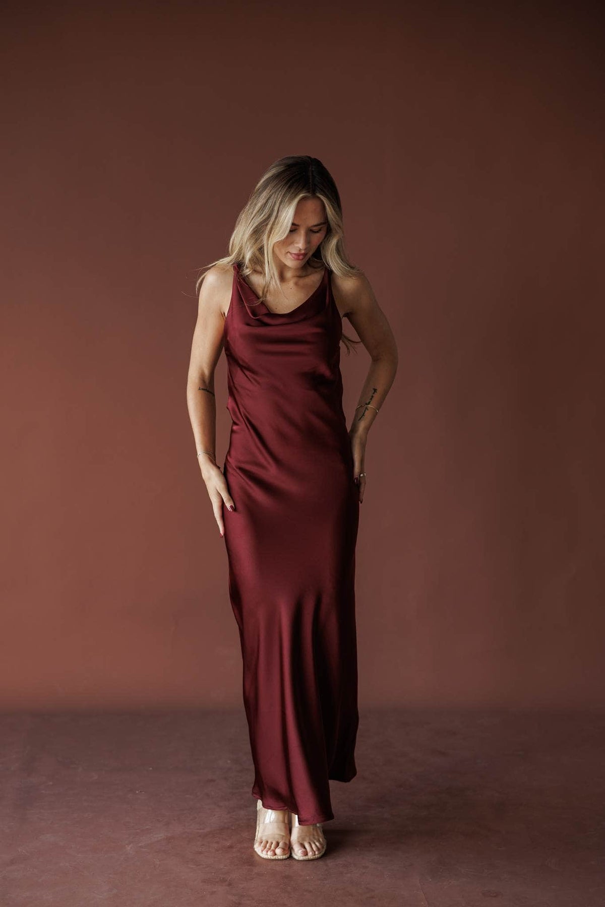 Cabernet Cowl Maxi Dress, in burgundy, full-length front view of the cowl neck maxi