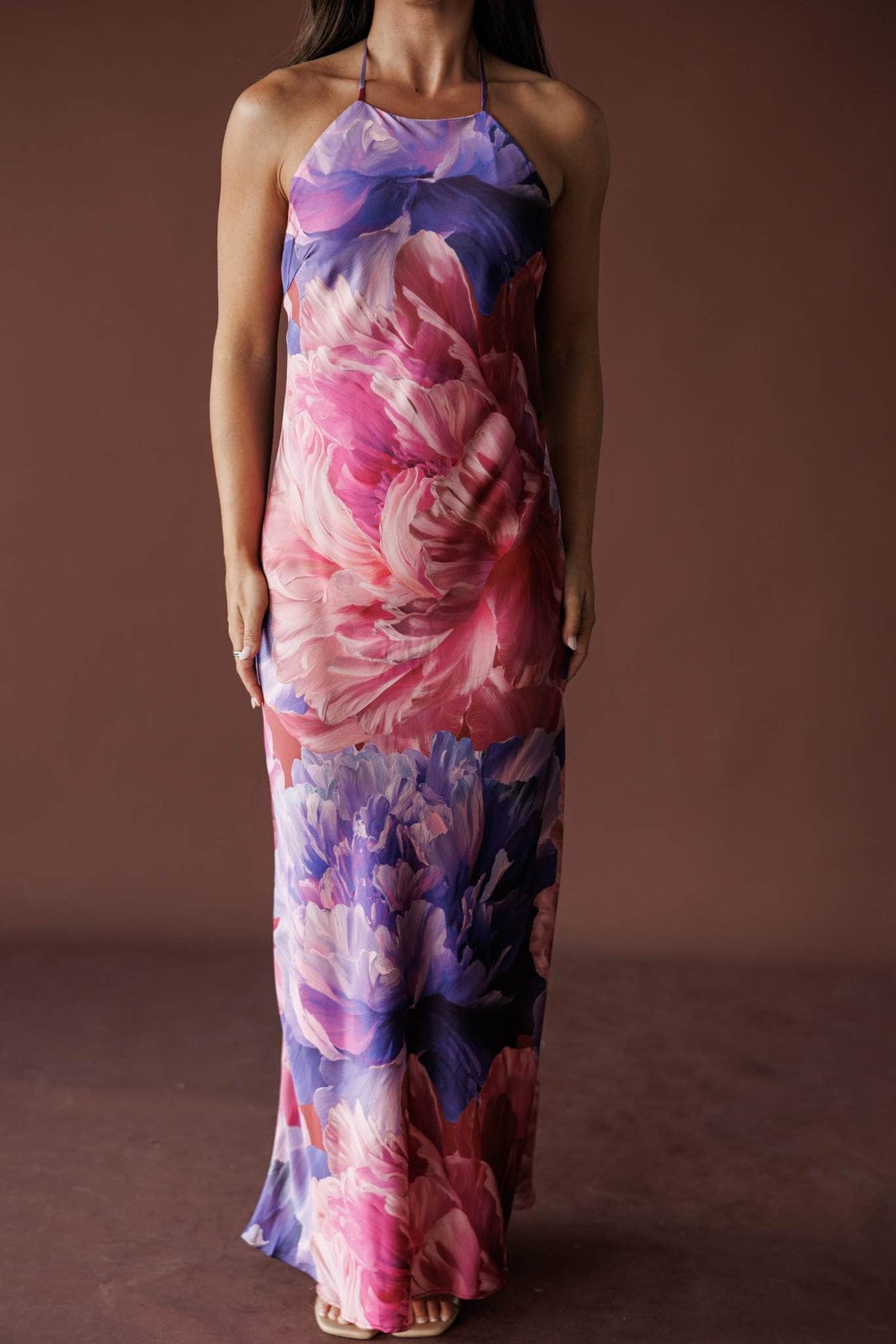 Peony Bloom Halter Maxi, in lilac rose, front view of the rose print bodice
