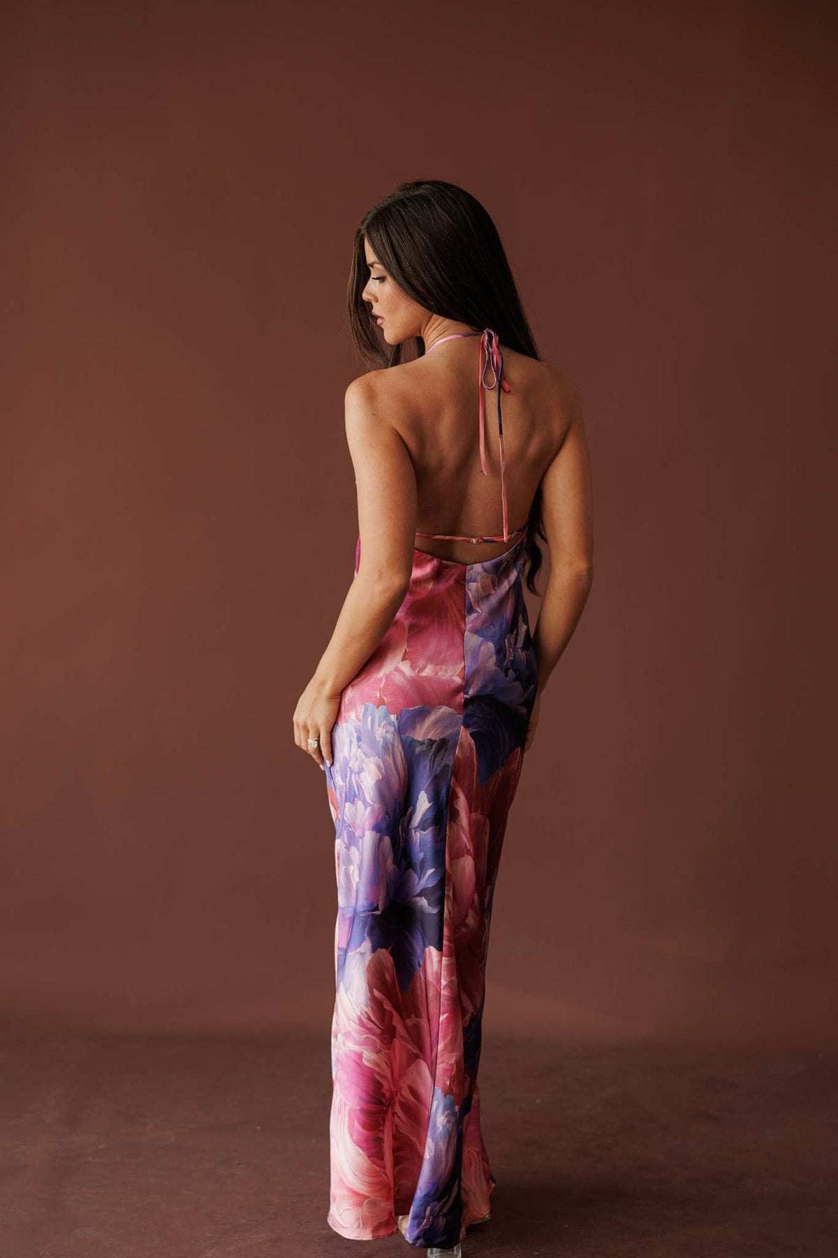 Peony Bloom Halter Maxi, in lilac rose, back view of the halter tie